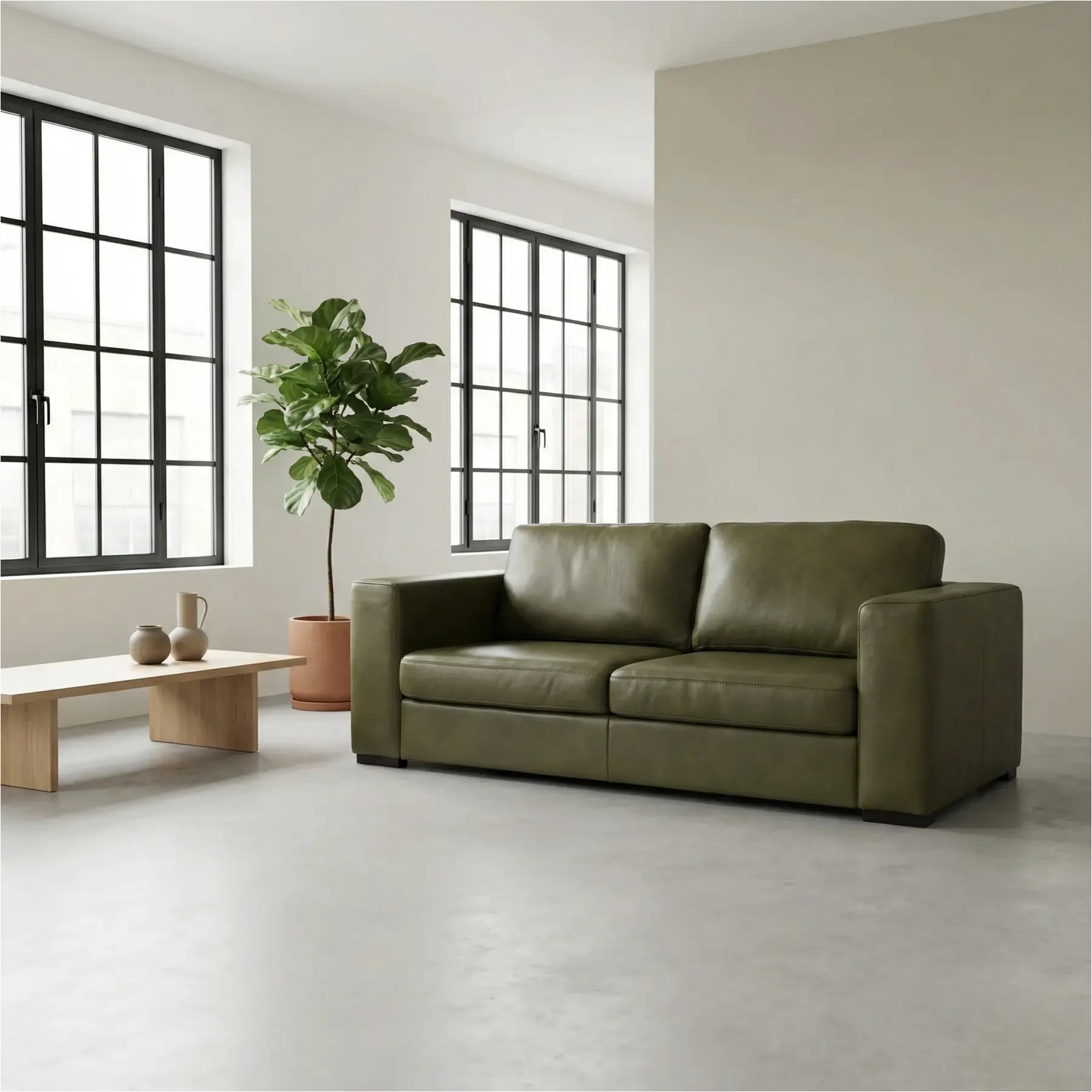 afbeelding van Leren bank Flow - 2 zits - Granada Moss (olijf/groen) - Poten hout zwart