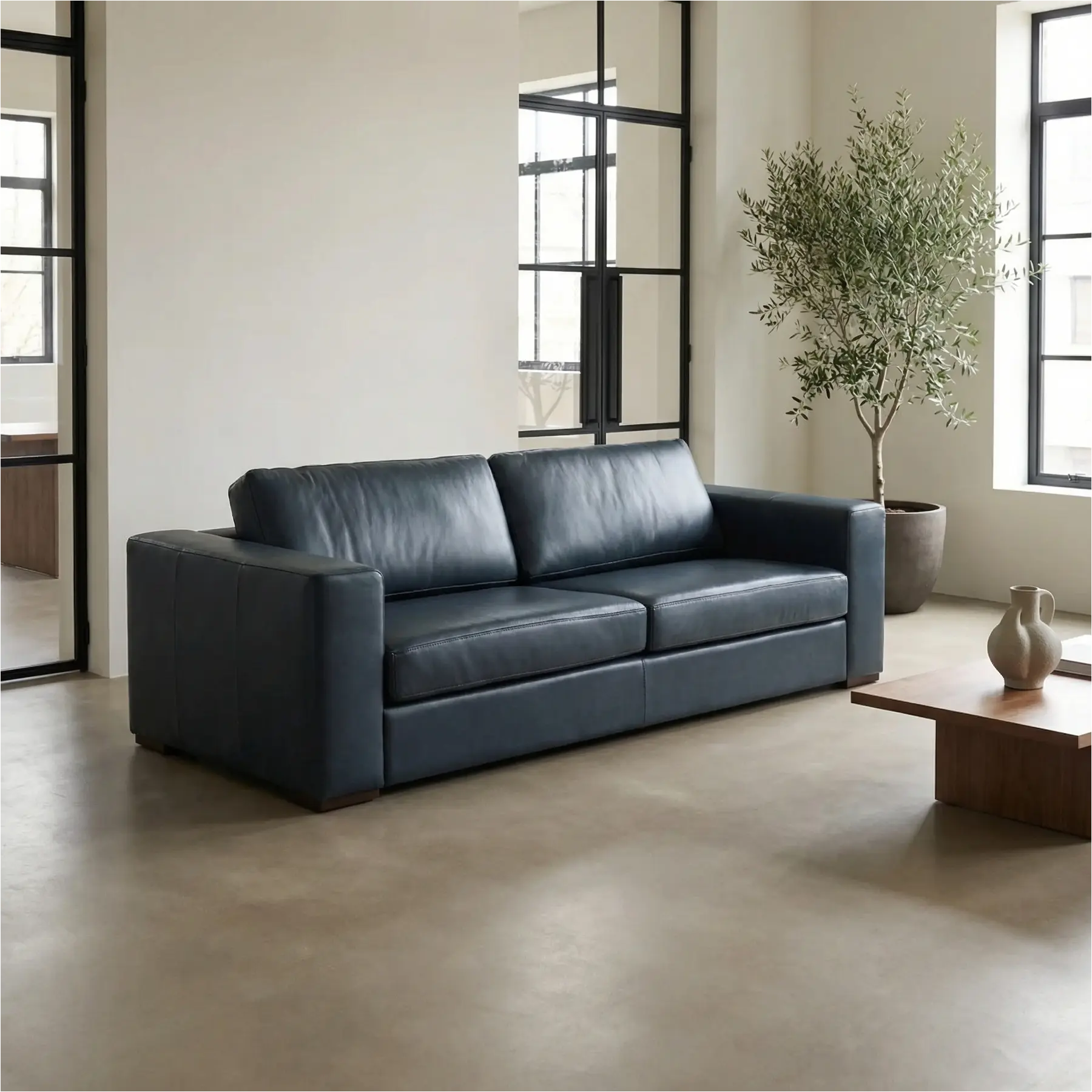 afbeelding van Leren bank Flow - 3,5 zits - Granada Blue (blauw) - Poten hout bruin