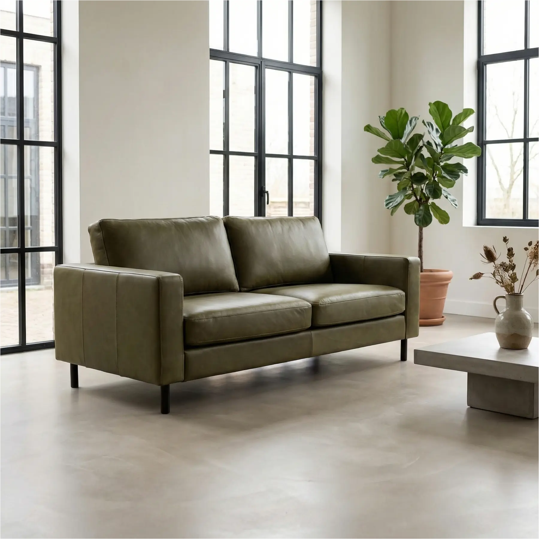 afbeelding van Leren bank Match - 2,5 zits - Rancho Green (olijf/groen) - Poten staal zwart