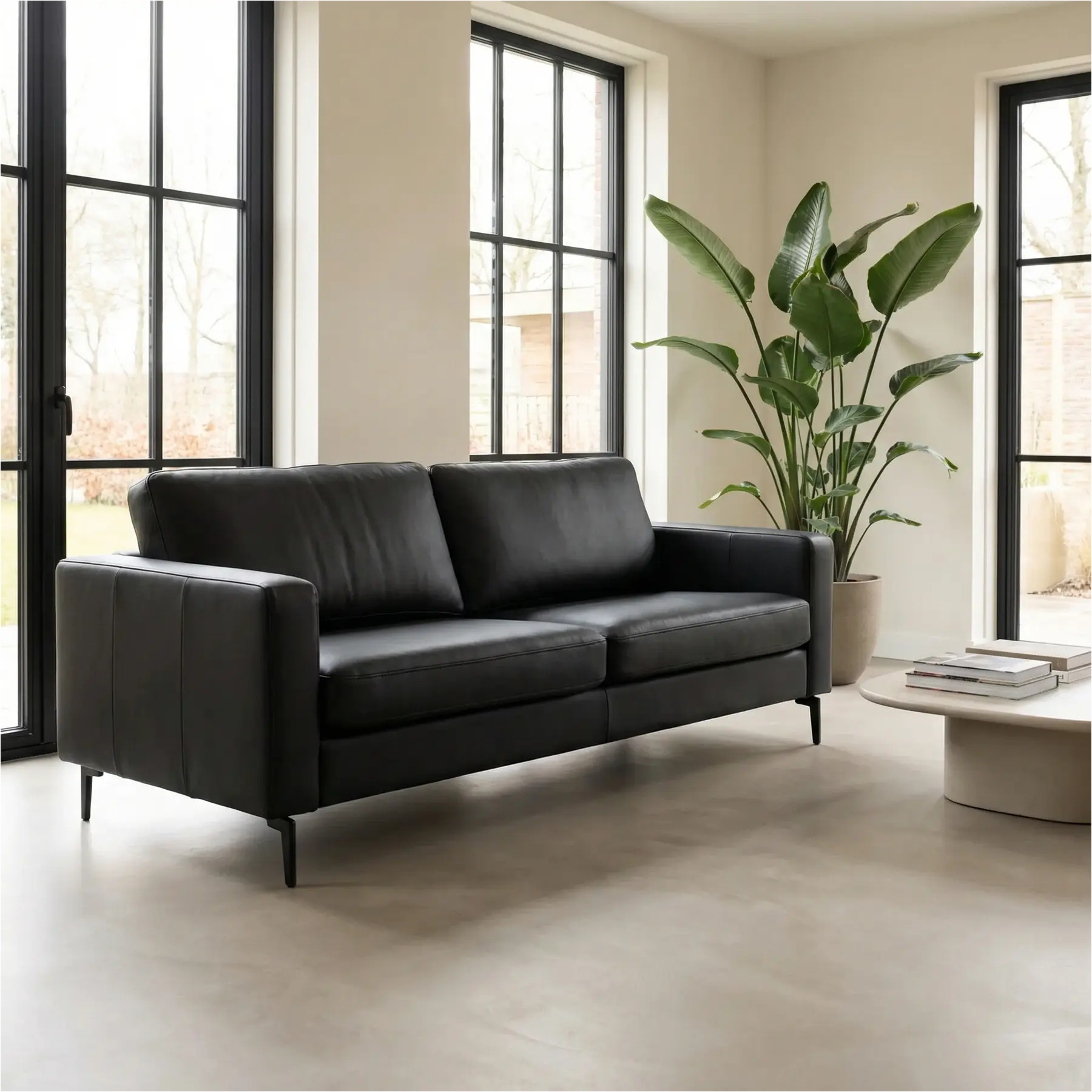 afbeelding van Leren bank Match - 3,5 zits - Toledo Nero (zwart) - Poten staal zwart