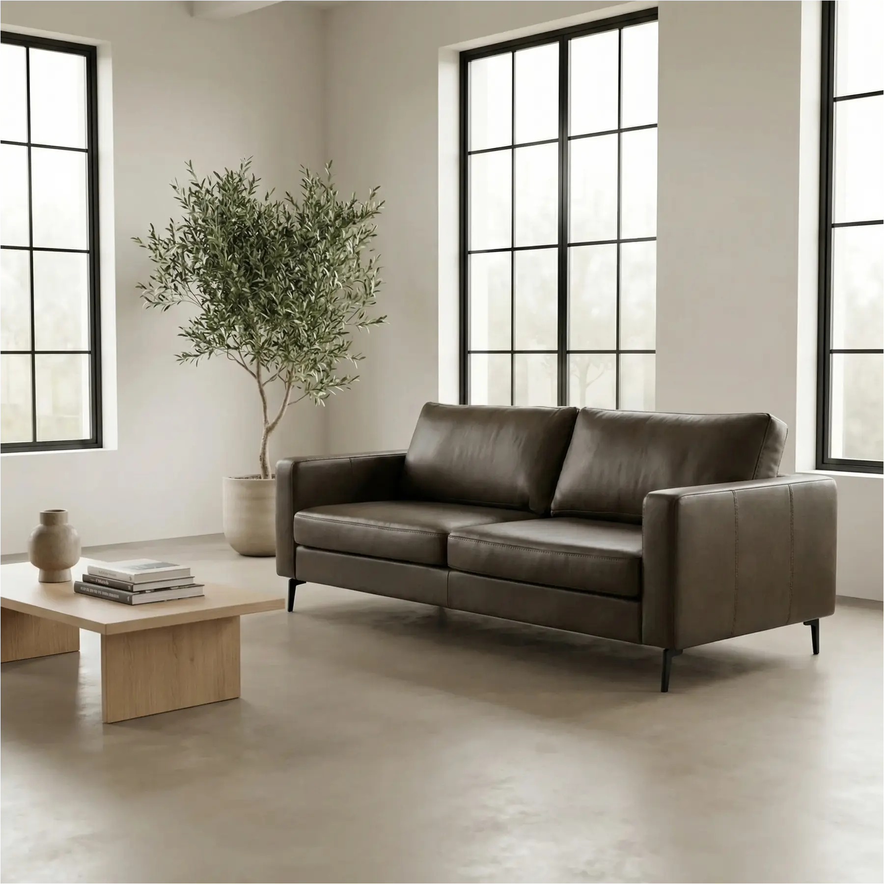 afbeelding van Leren bank Match - 3 zits - Granada Ash (grijs/bruin) - Poten staal zwart