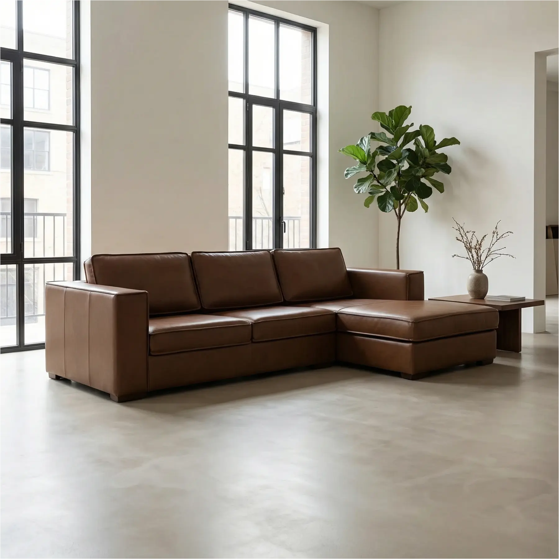 afbeelding van Leren hoekbank Fine - 2,5 zits arm links + longchair rechts - Elegance Brown (bruin) - Poten hout bruin