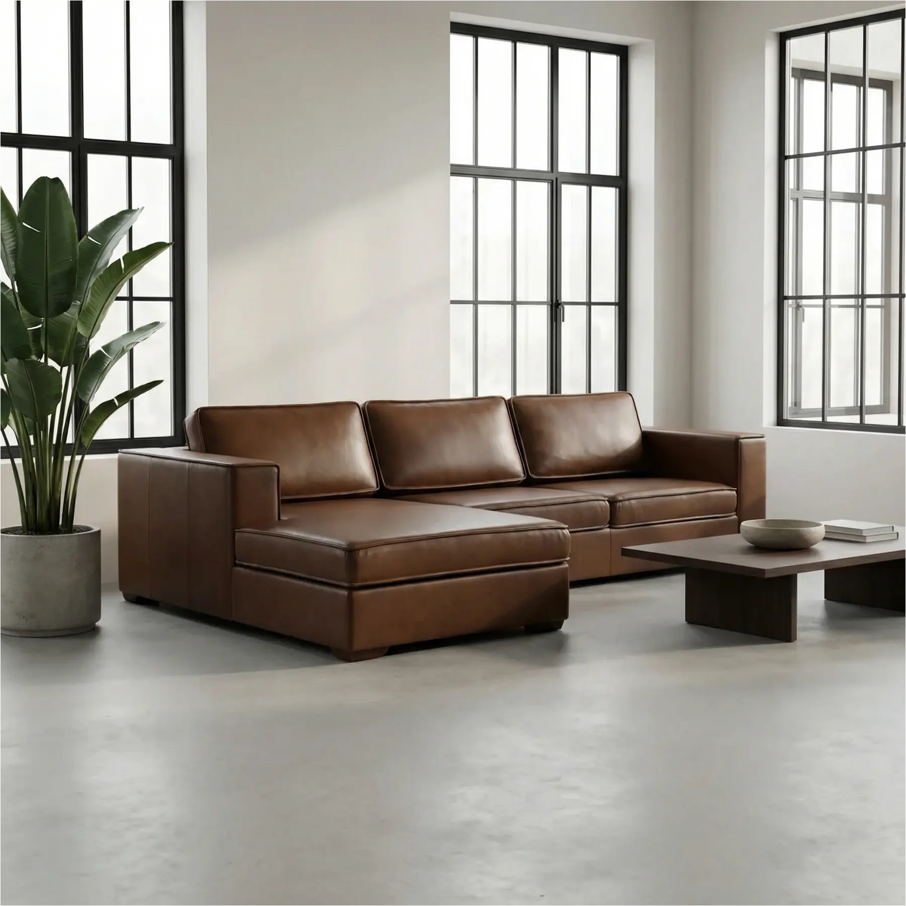 afbeelding van Leren hoekbank Fine - 2,5 zits arm rechts + longchair links - Elegance Brown (bruin) - Poten hout bruin