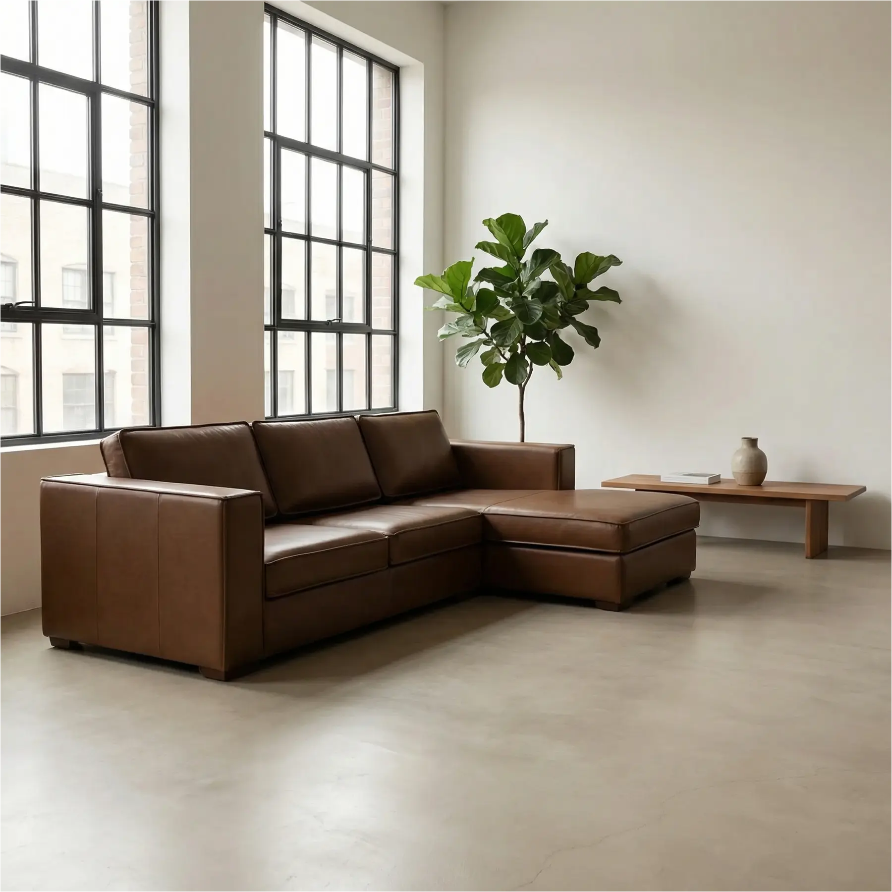 afbeelding van Leren hoekbank Fine - 2 zits arm links + longchair rechts - Elegance Brown (bruin) - Poten hout zwart