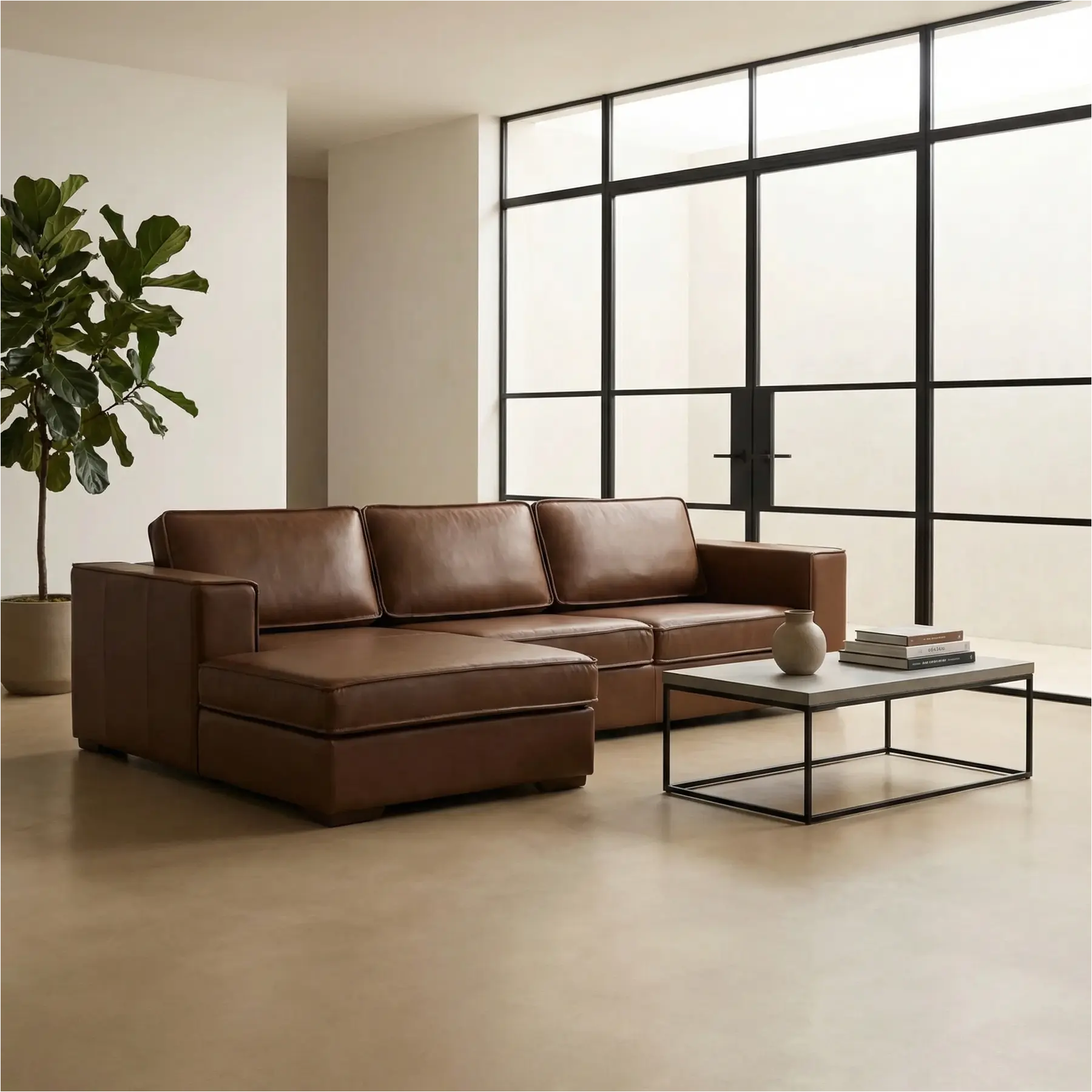 afbeelding van Leren hoekbank Fine - 2 zits arm rechts + longchair links - Elegance Brown (bruin) - Poten hout zwart