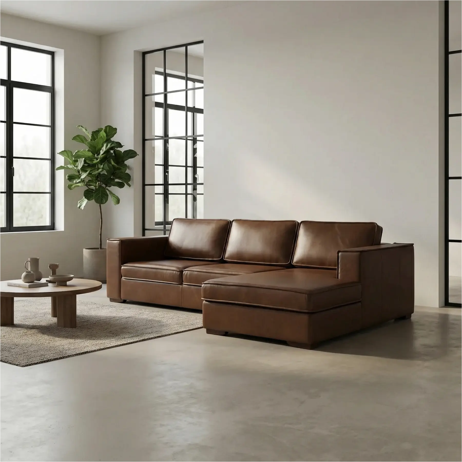 afbeelding van Leren hoekbank Fine - 2,5 zits arm links + longchair rechts - Elegance Brown (bruin) - Poten hout bruin