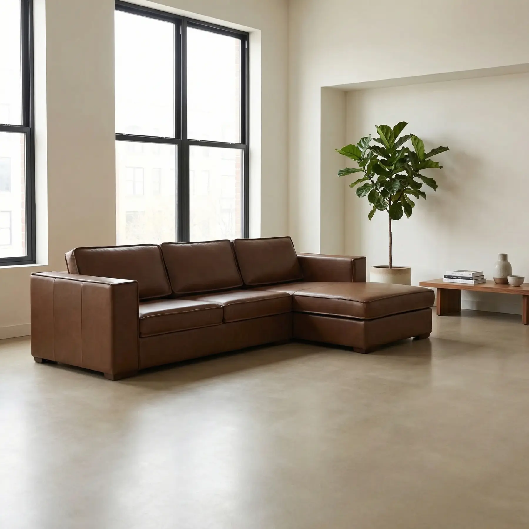 afbeelding van Leren hoekbank Fine - 3 zits arm links + longchair rechts - Elegance Brown (bruin) - Poten hout zwart