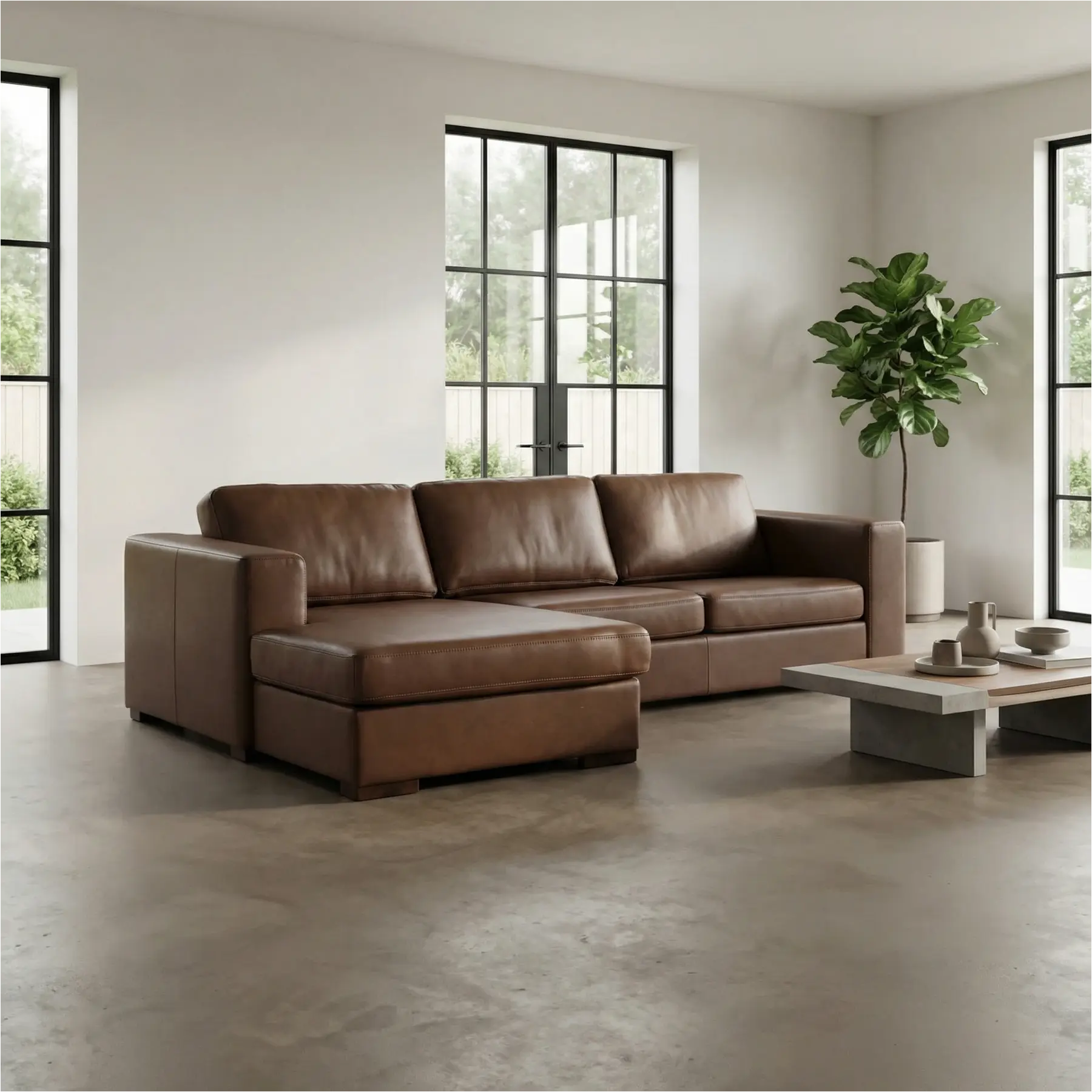 afbeelding van Leren hoekbank Flow - 2,5 zits arm rechts + longchair links - Elegance Brown (bruin) - Poten hout bruin