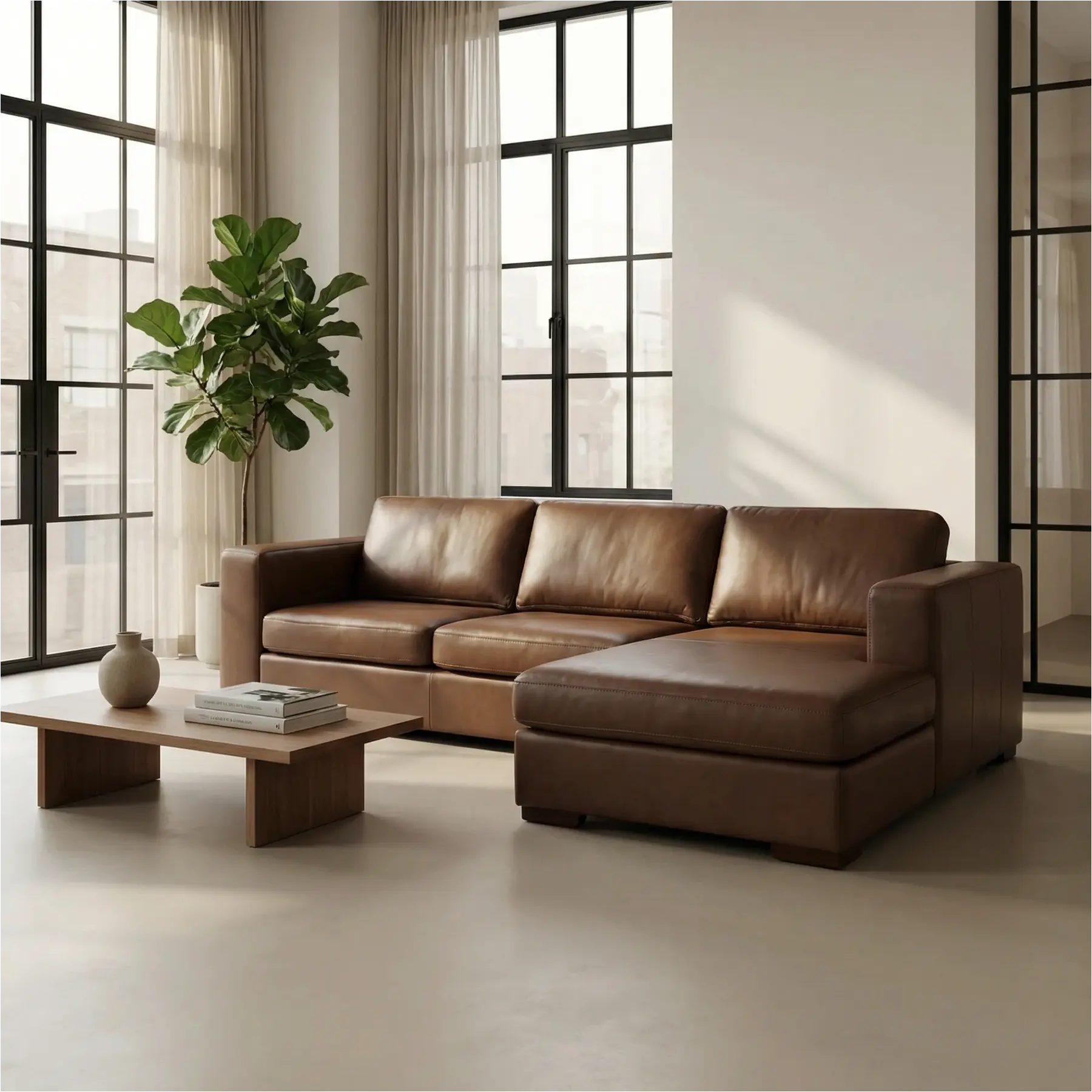 afbeelding van Leren hoekbank Flow - 2,5 zits arm links + longchair rechts - Elegance Brown (bruin) - Poten hout bruin