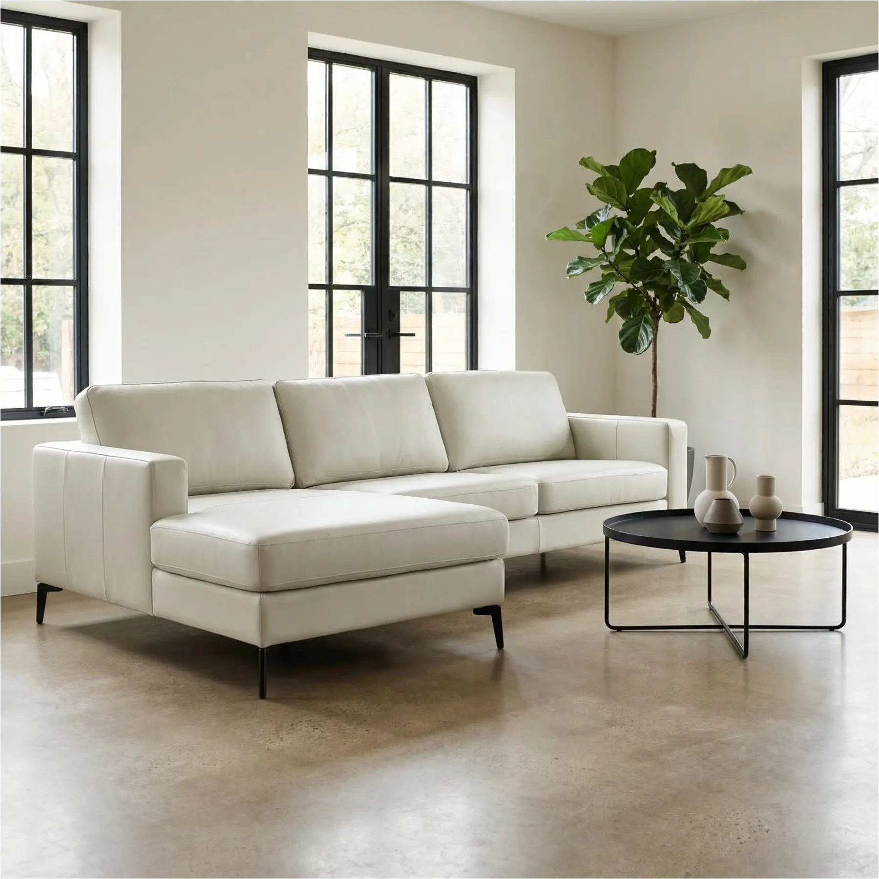 afbeelding van Leren hoekbank Match - 3-zits arm rechts + Longchair arm links - Toledo Nebbia (creme) - Poten staal zwart