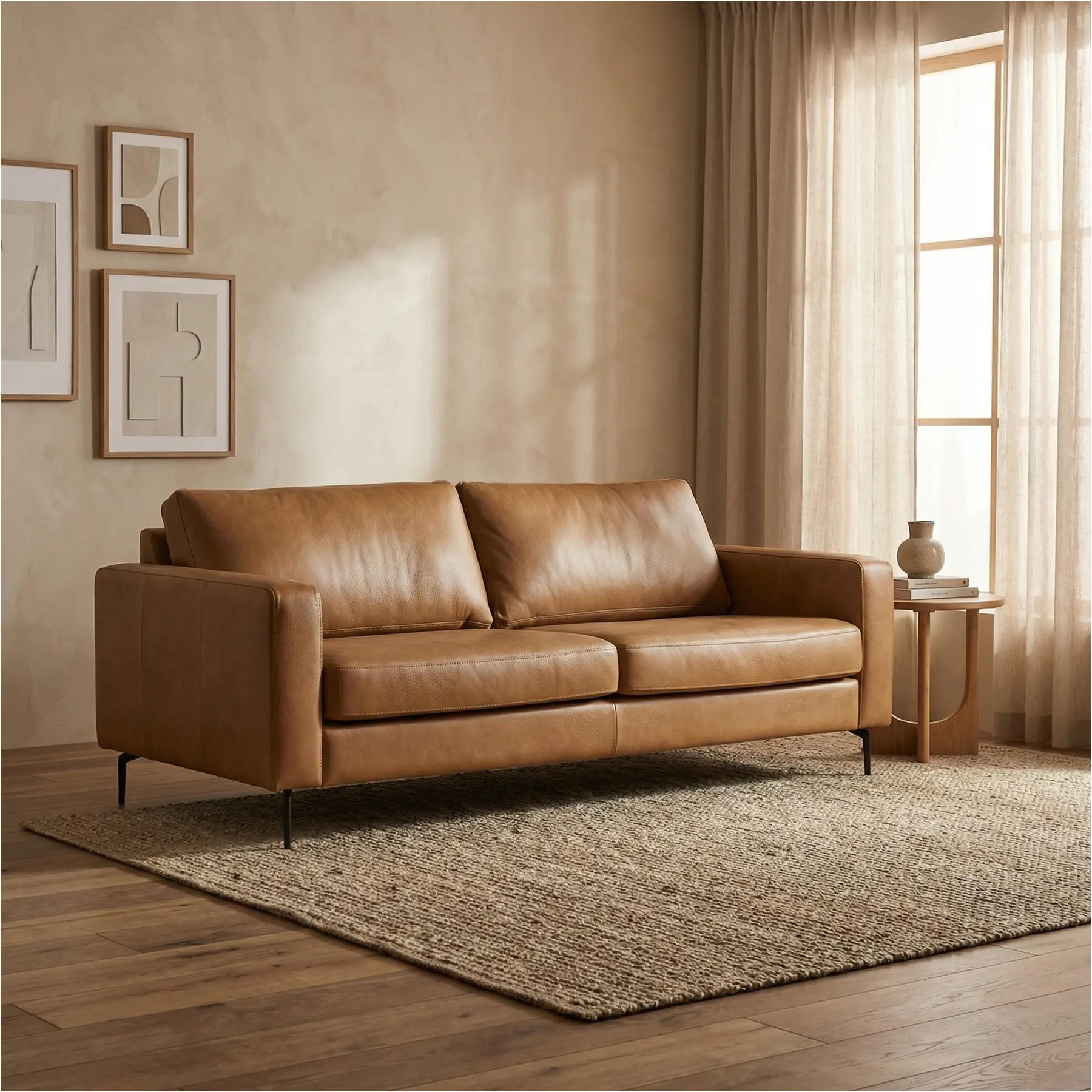 afbeelding van Leren bank Match - 3 zits - Granada Sahara (cognac) - Poten staal zwart