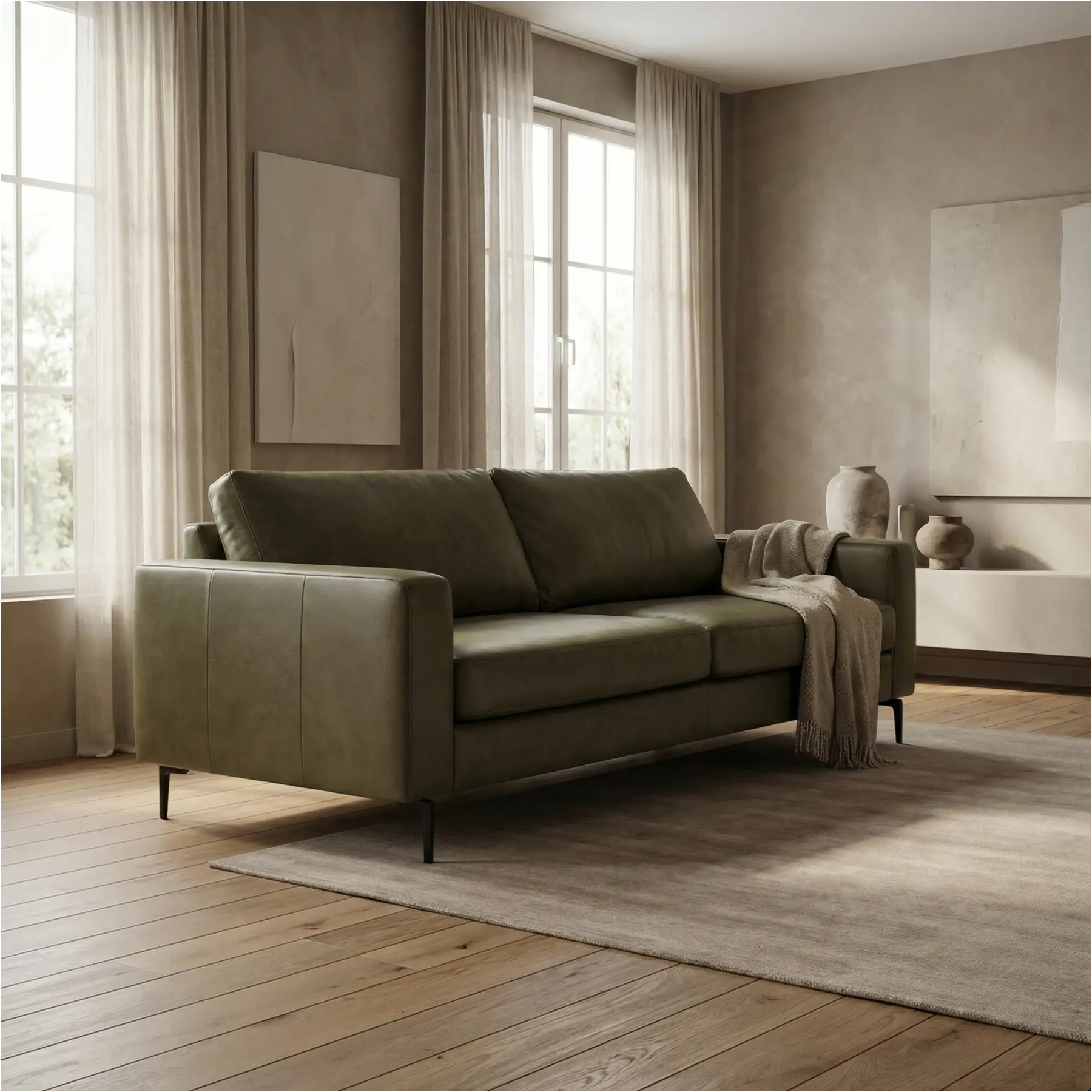 afbeelding van Leren bank Match - 3 zits - Granada Moss (olijf/groen) - Poten staal zwart