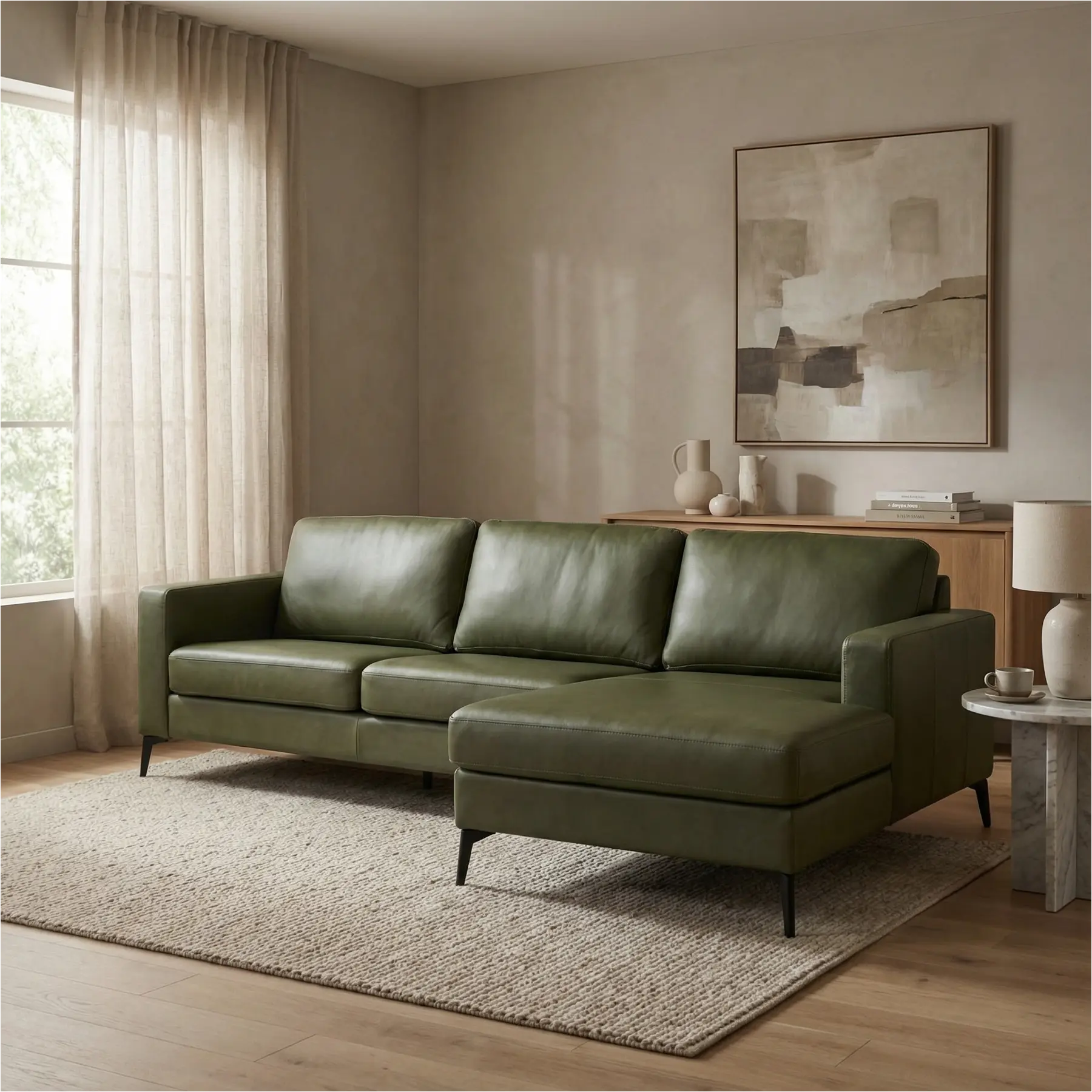 afbeelding van Leren hoekbank Match - 2.5-zits arm links + Longchair arm rechts - Granada Moss (olijf/groen) - Poten staal zwart