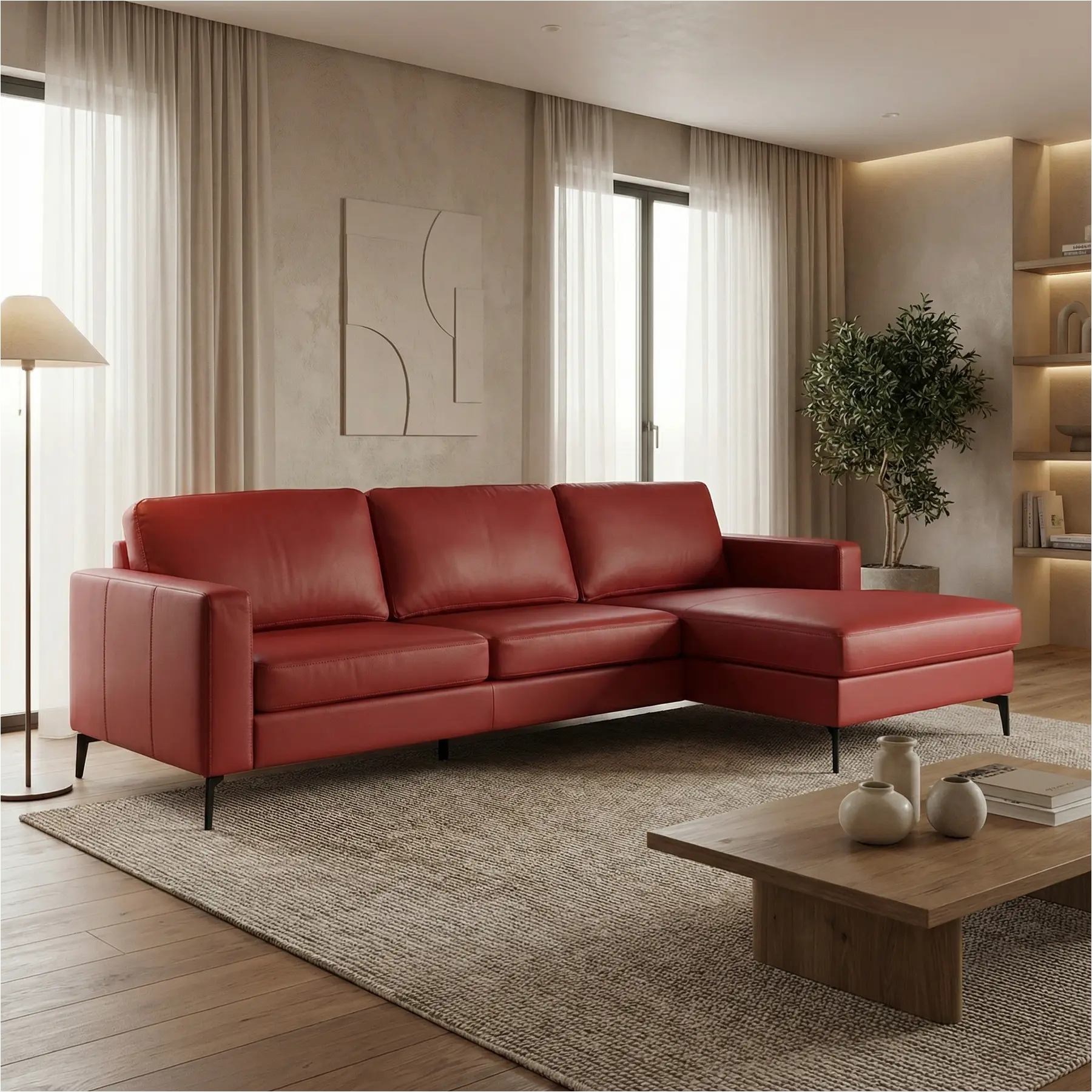 afbeelding van Leren hoekbank Match - 2.5-zits arm links + Longchair arm rechts - Massif Rosso (rood) - Poten staal zwart