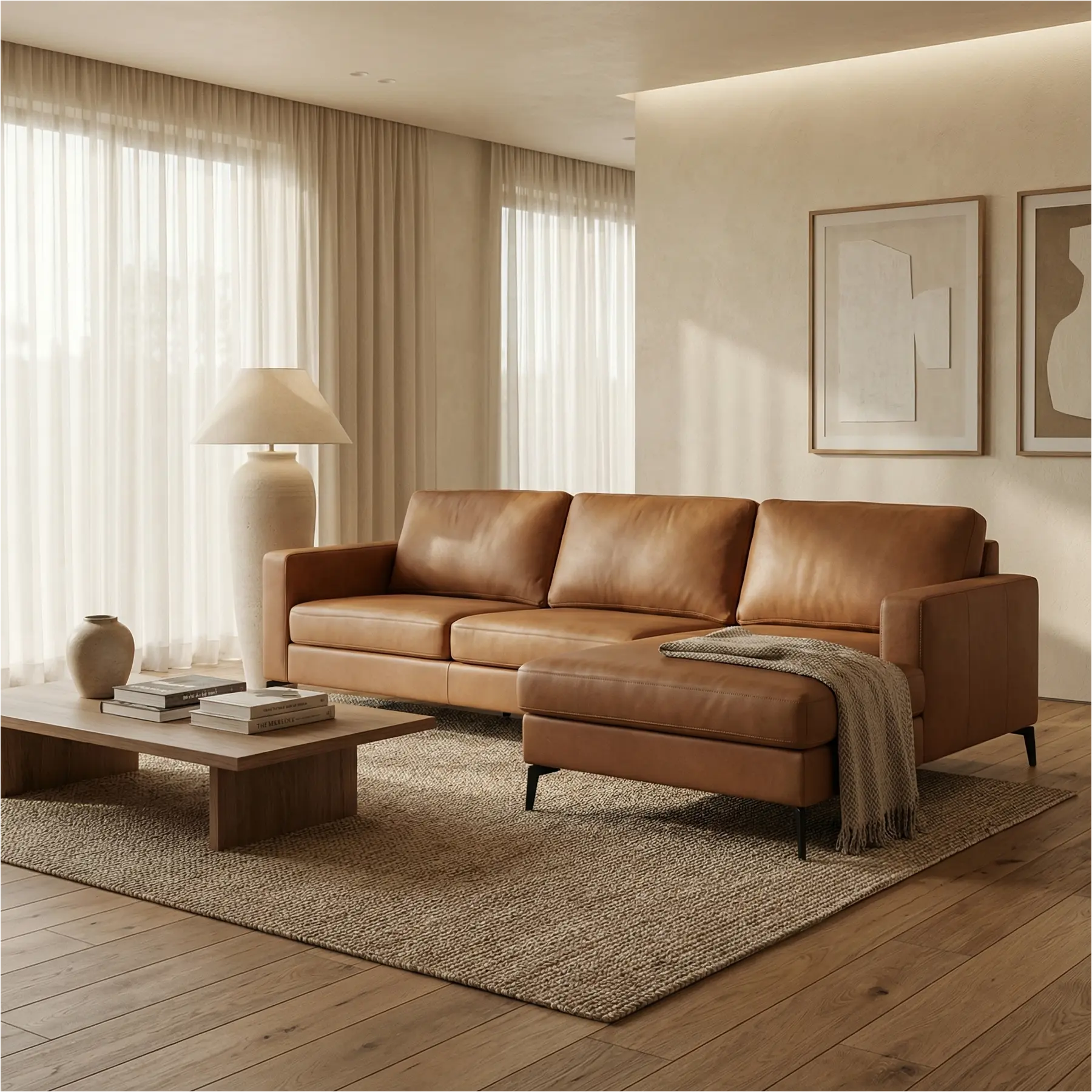 afbeelding van Leren hoekbank Match - 2.5-zits arm links + Longchair arm rechts - Rancho Cognac (cognac) - Poten staal zwart