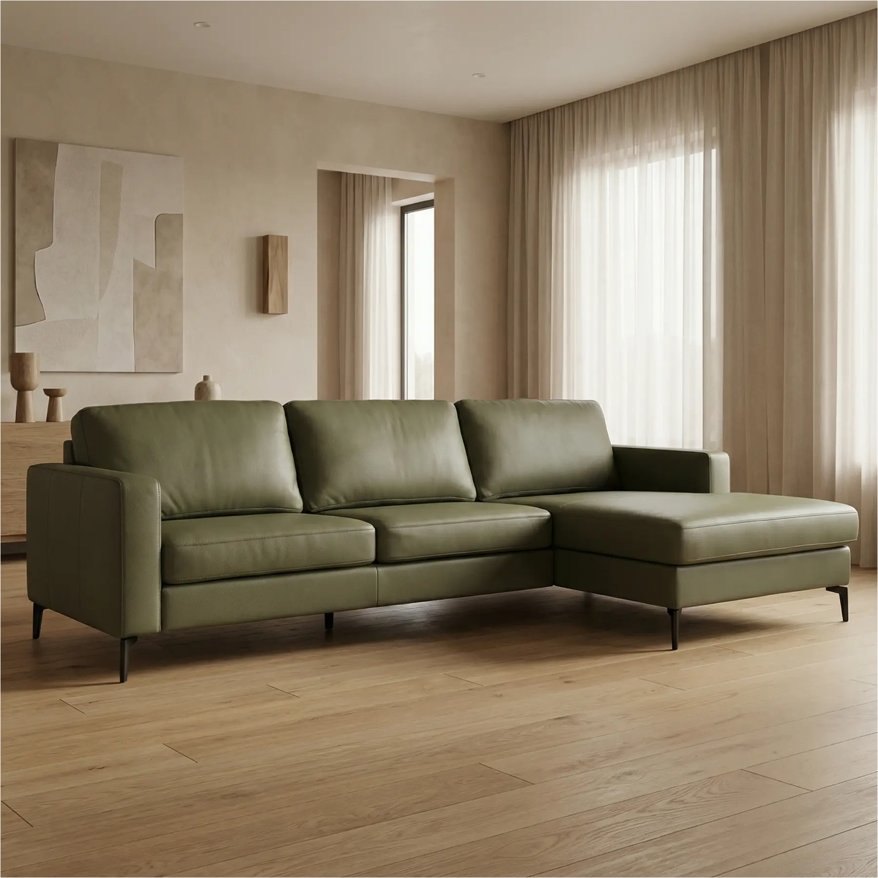 afbeelding van Leren hoekbank Match - 2.5-zits arm links + Longchair arm rechts - Toledo Olive (olijf/goen) - Poten staal zwart