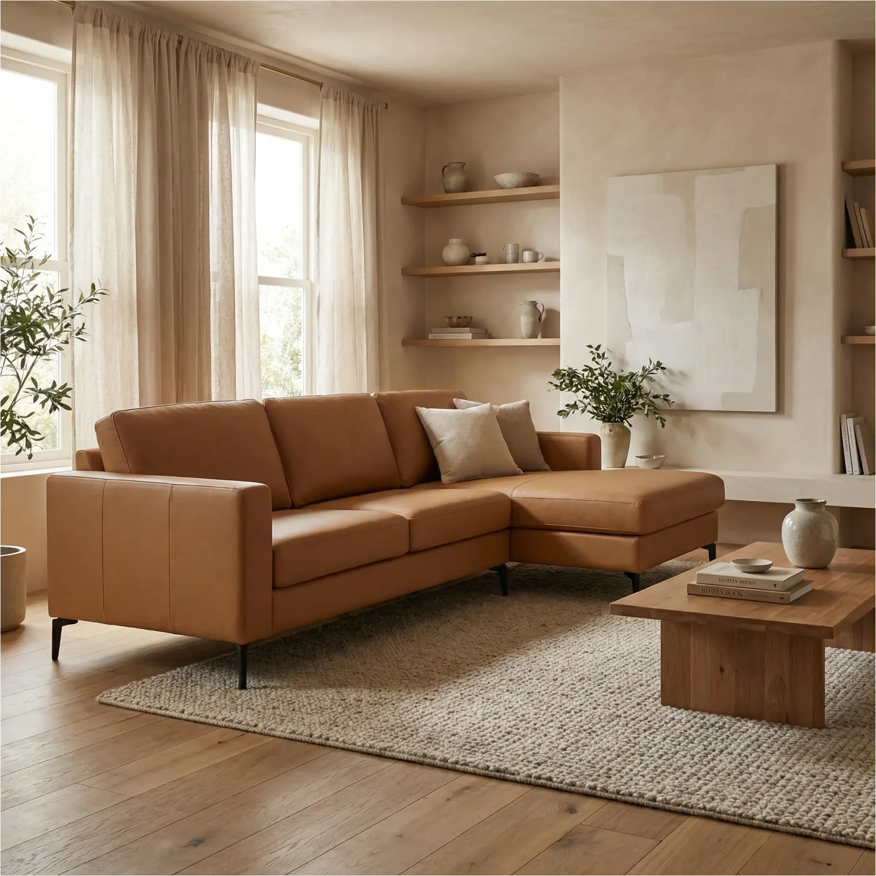 afbeelding van Leren hoekbank Match - 2.5-zits arm links + Longchair arm rechts - Toledo Sabbia (lichtcognac) - Poten staal zwart