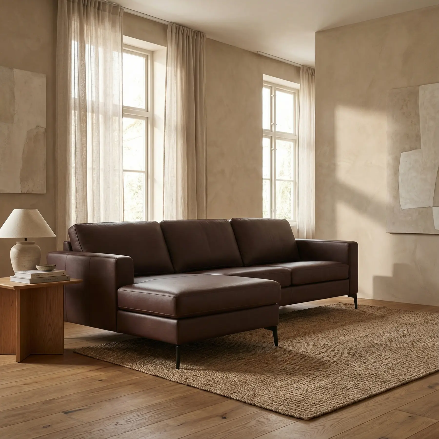 afbeelding van Leren hoekbank Match - 2.5-zits arm rechts + Longchair arm links - Granada Cognac (donkercognac) - Poten staal zwart