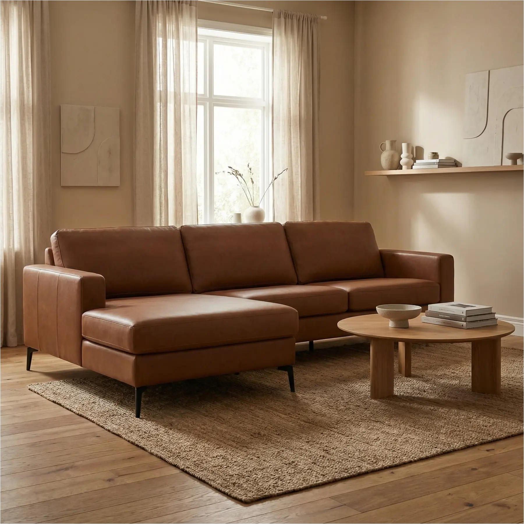 afbeelding van Leren hoekbank Match - 2.5-zits arm rechts + Longchair arm links - Granada Savannah (cognac) - Poten staal zwart