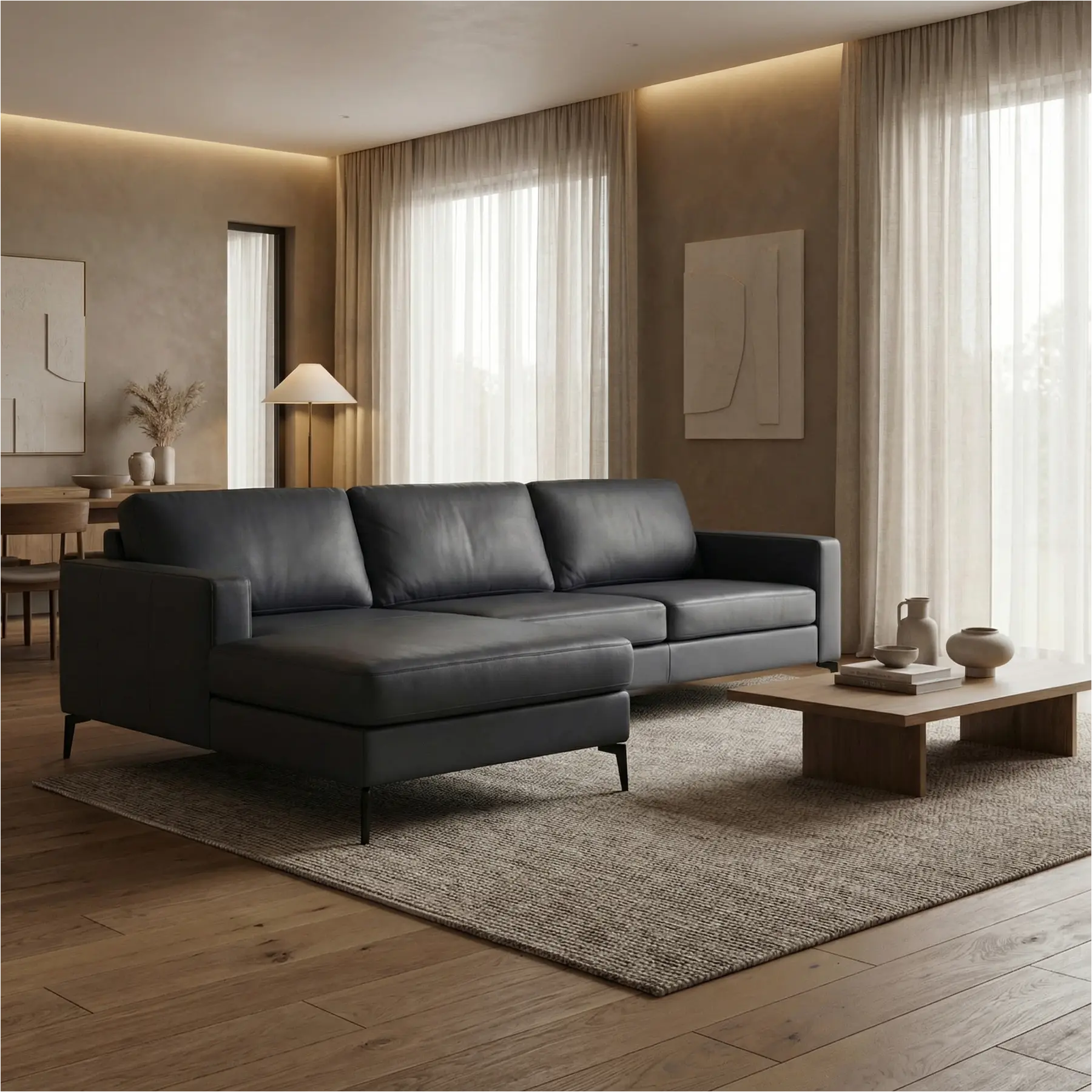 afbeelding van Leren hoekbank Match - 2.5-zits arm rechts + Longchair arm links - Massif Azzurro (blauw) - Poten staal zwart