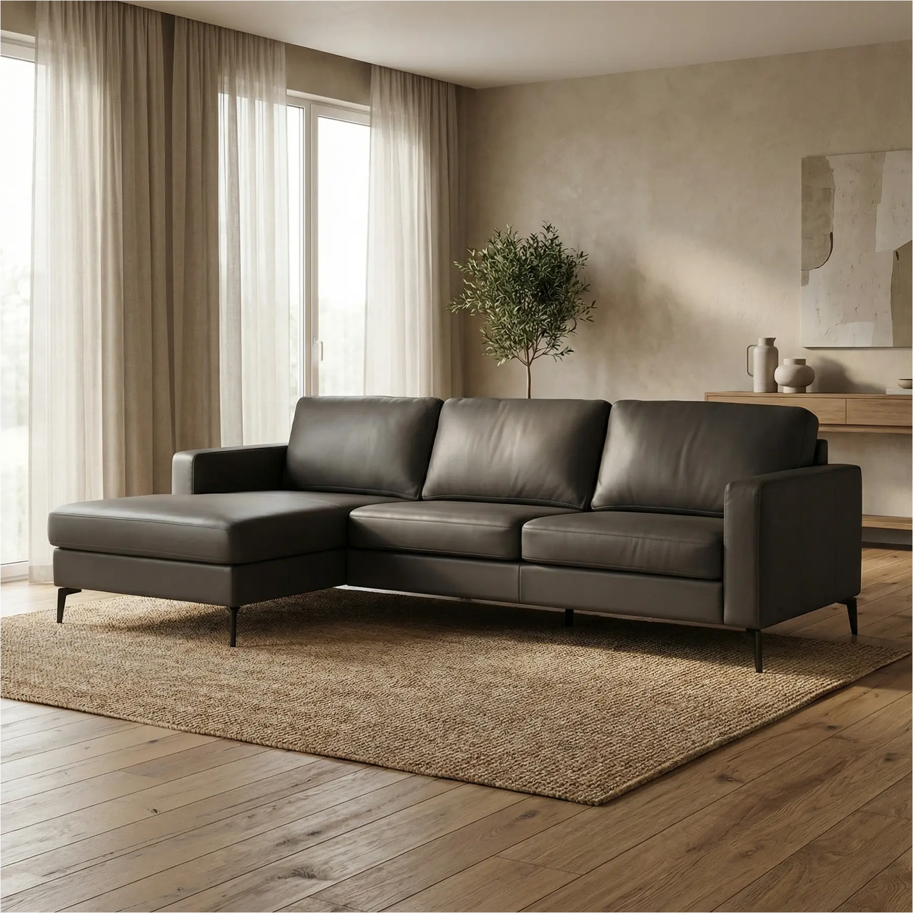 afbeelding van Leren hoekbank Match - 2.5-zits arm rechts + Longchair arm links - Toledo Antracite (donkergrijs) - Poten staal zwart