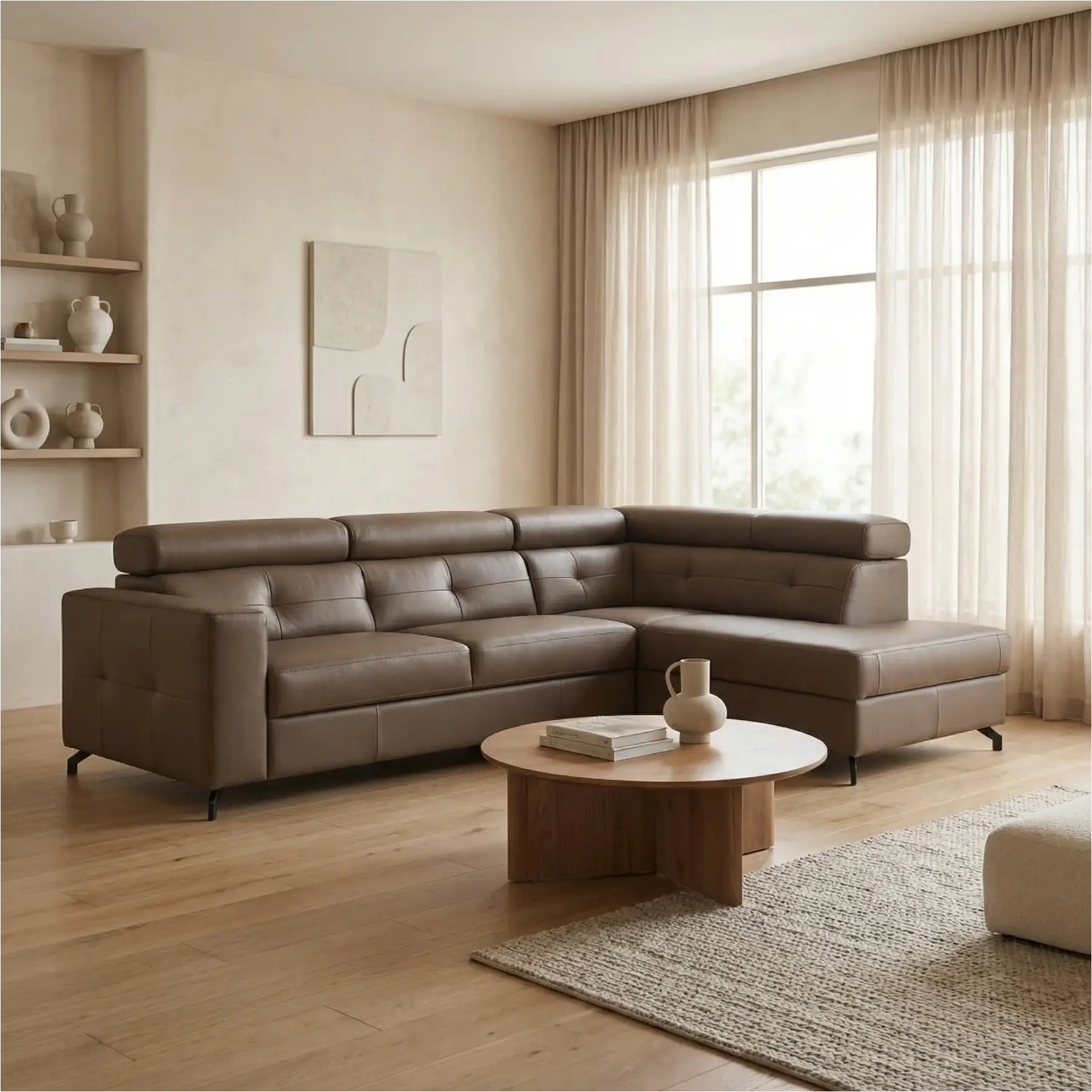 afbeelding van Leren hoekbank Nova - 2.5-zits arm links + Longchair arm rechts - Toledo Lever (bruin) - Poten staal zwart