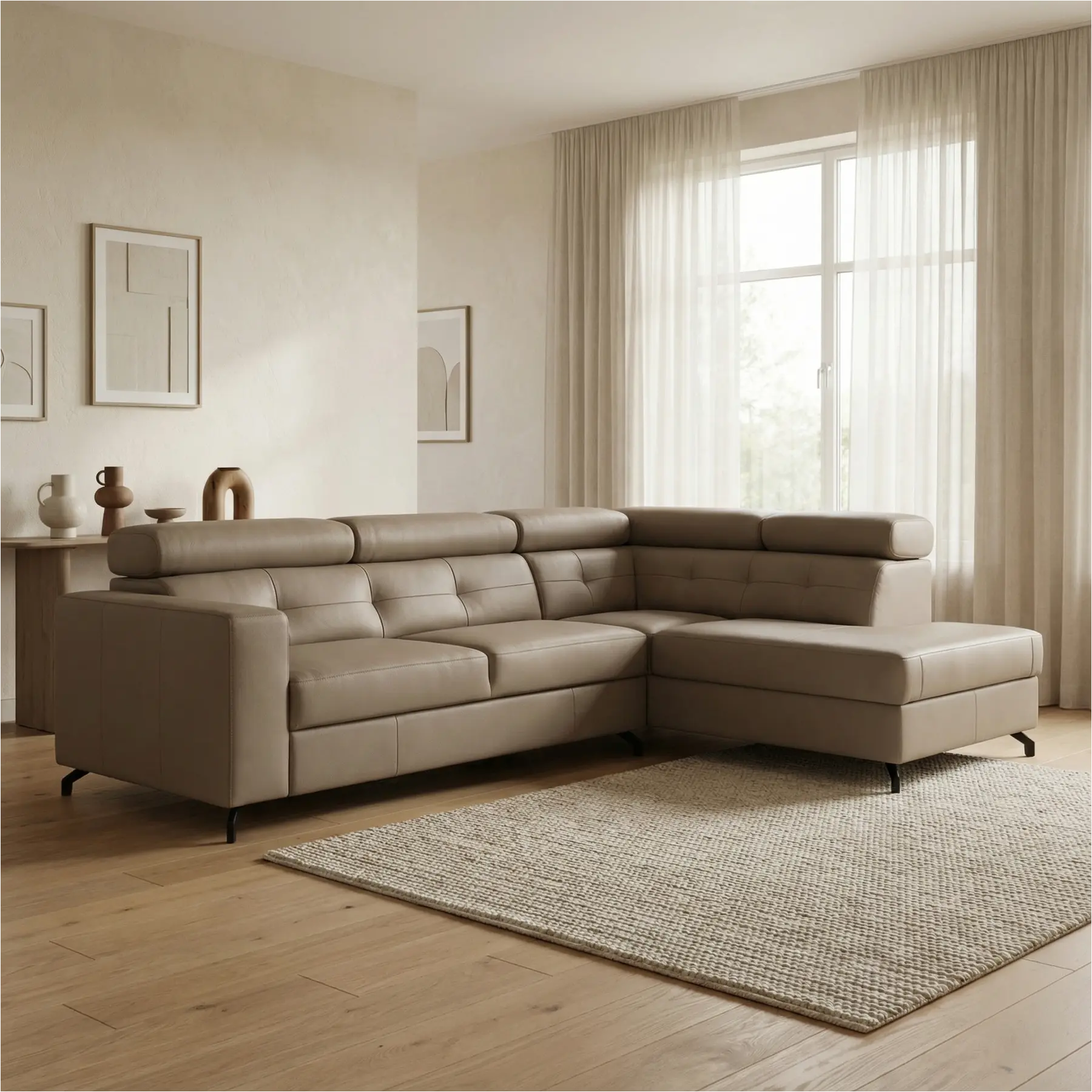 afbeelding van Leren hoekbank Nova - 2.5-zits arm links + Longchair arm rechts - Toledo Mocca (taupe/bruin) - Poten staal zwart