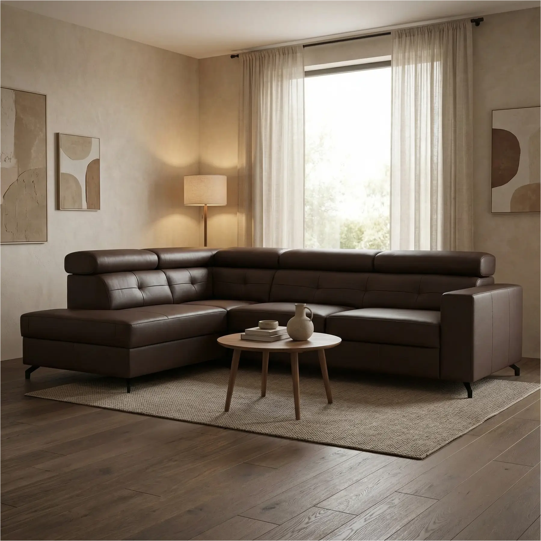 afbeelding van Leren hoekbank Nova - 2.5-zits arm rechts + Longchair arm links - Toledo Espresso (bruin) - Poten staal zwart