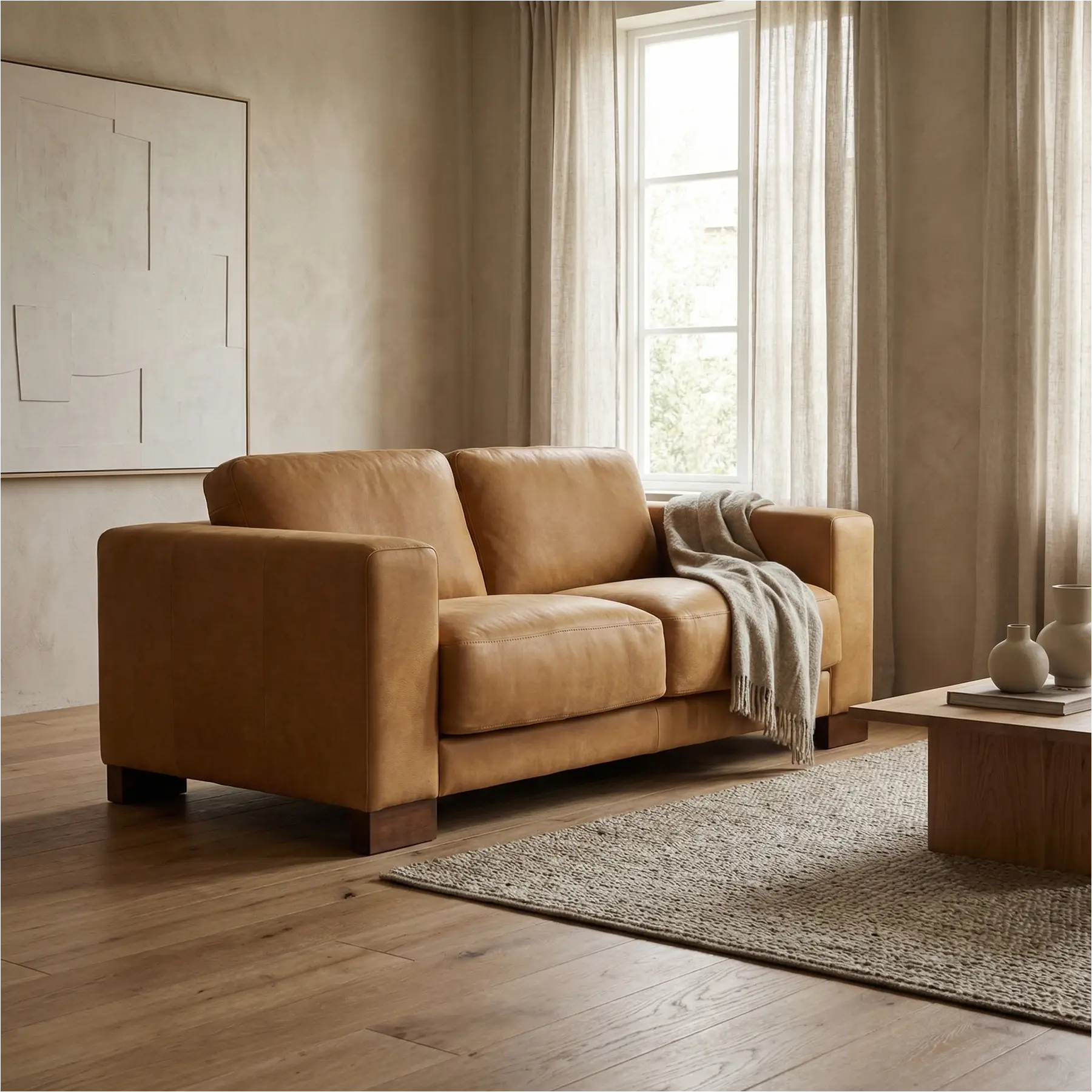 afbeelding van Leren bank Clear - 2 zits - Kenia Cognac (cognac) - Poten hout bruin