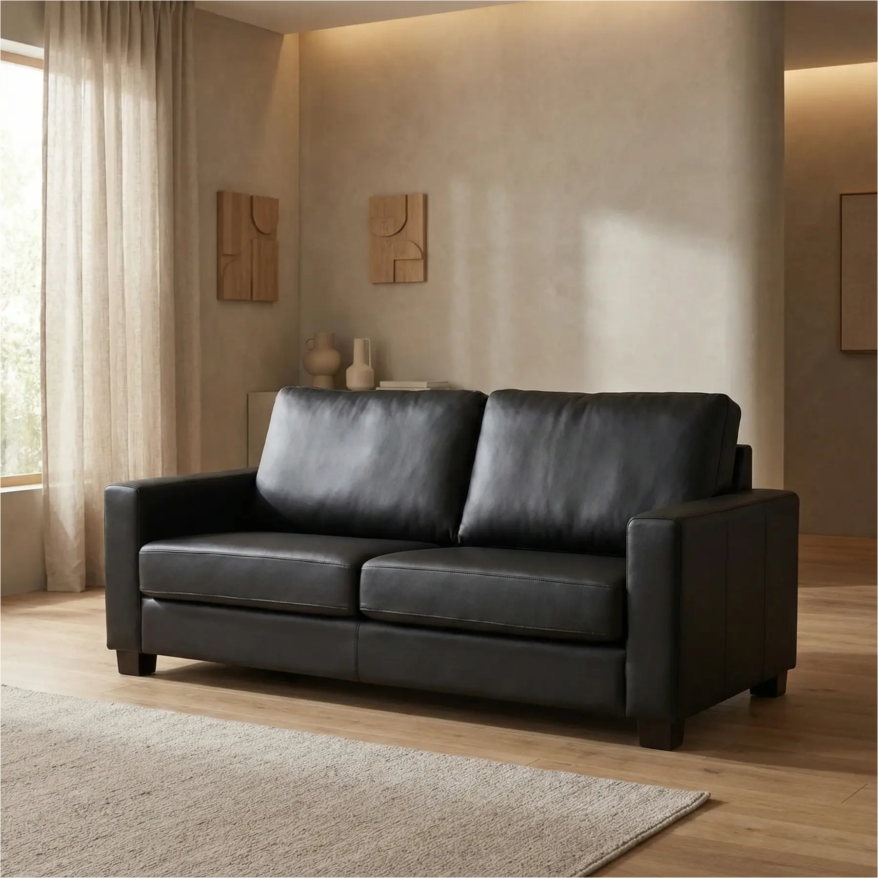 afbeelding van Leren bank Energy - 2,5 zits - Hermes Nero (zwart) - Poten hout bruin