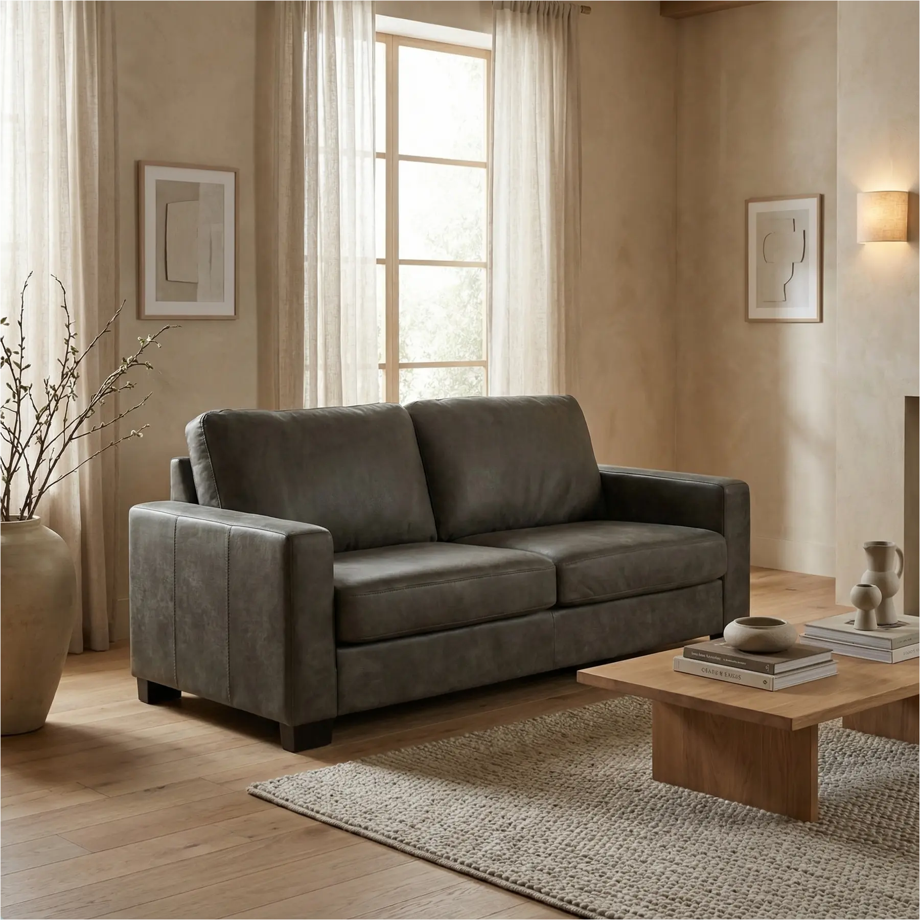 afbeelding van Leren bank Energy - 2,5 zits - Kenia Antracite (grijs) - Poten hout bruin