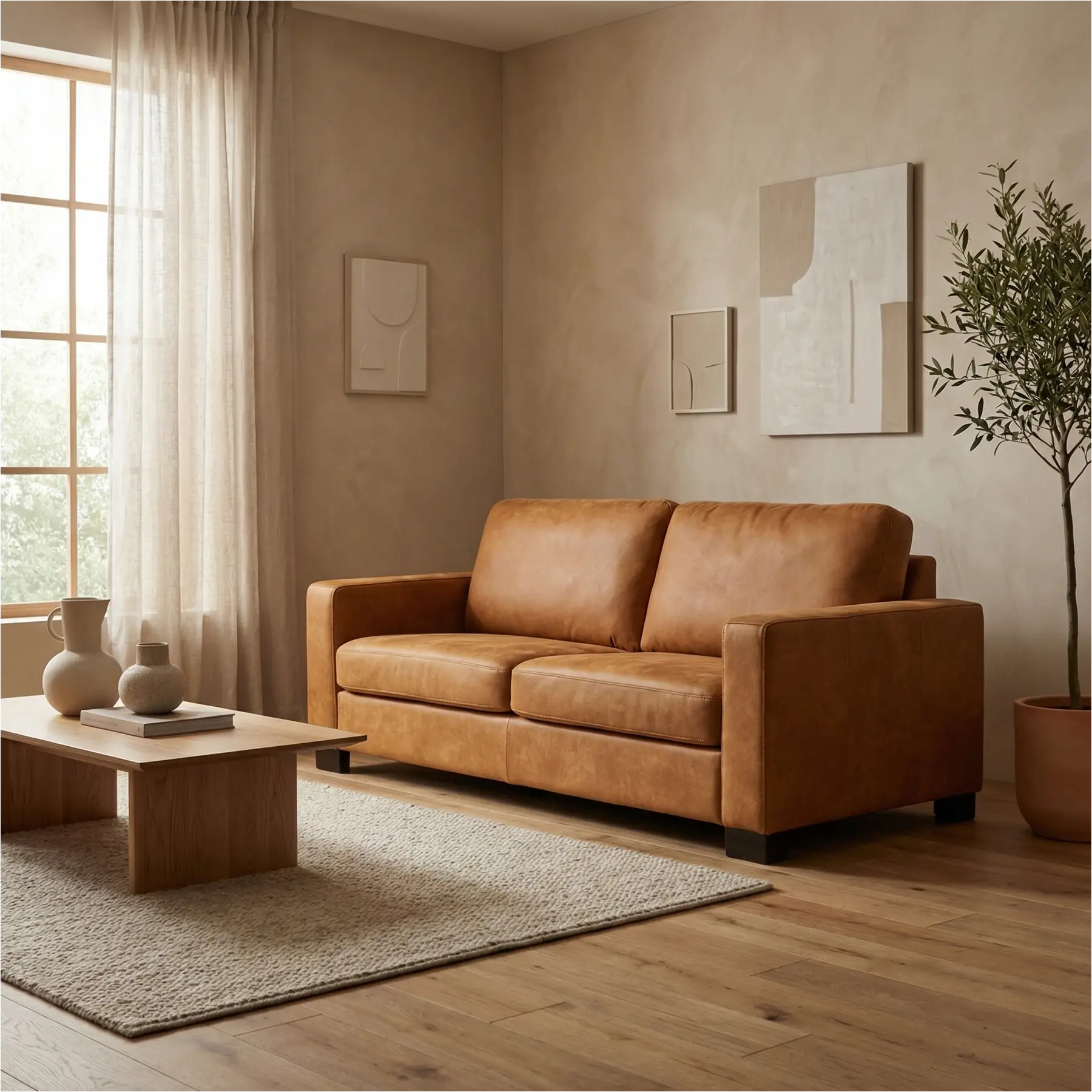 afbeelding van Leren bank Energy - 2,5 zits - Kenia Cognac (cognac) - Poten hout bruin