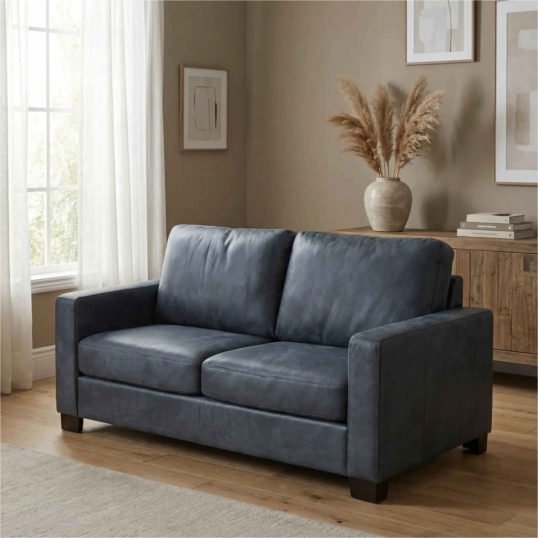 afbeelding van Leren bank Energy - 2,5 zits - Kenia Denim (blauw) - Poten hout bruin