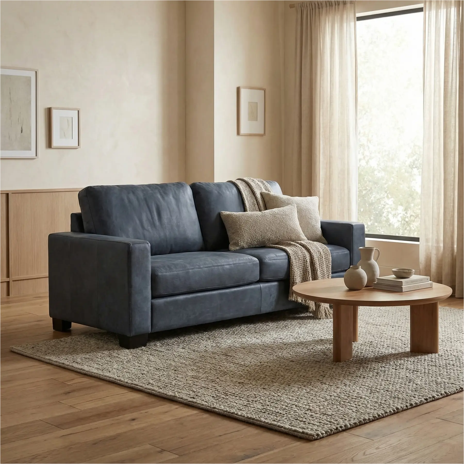 afbeelding van Leren bank Energy - 2,5 zits - Kenia Denim (blauw) - Poten hout zwart