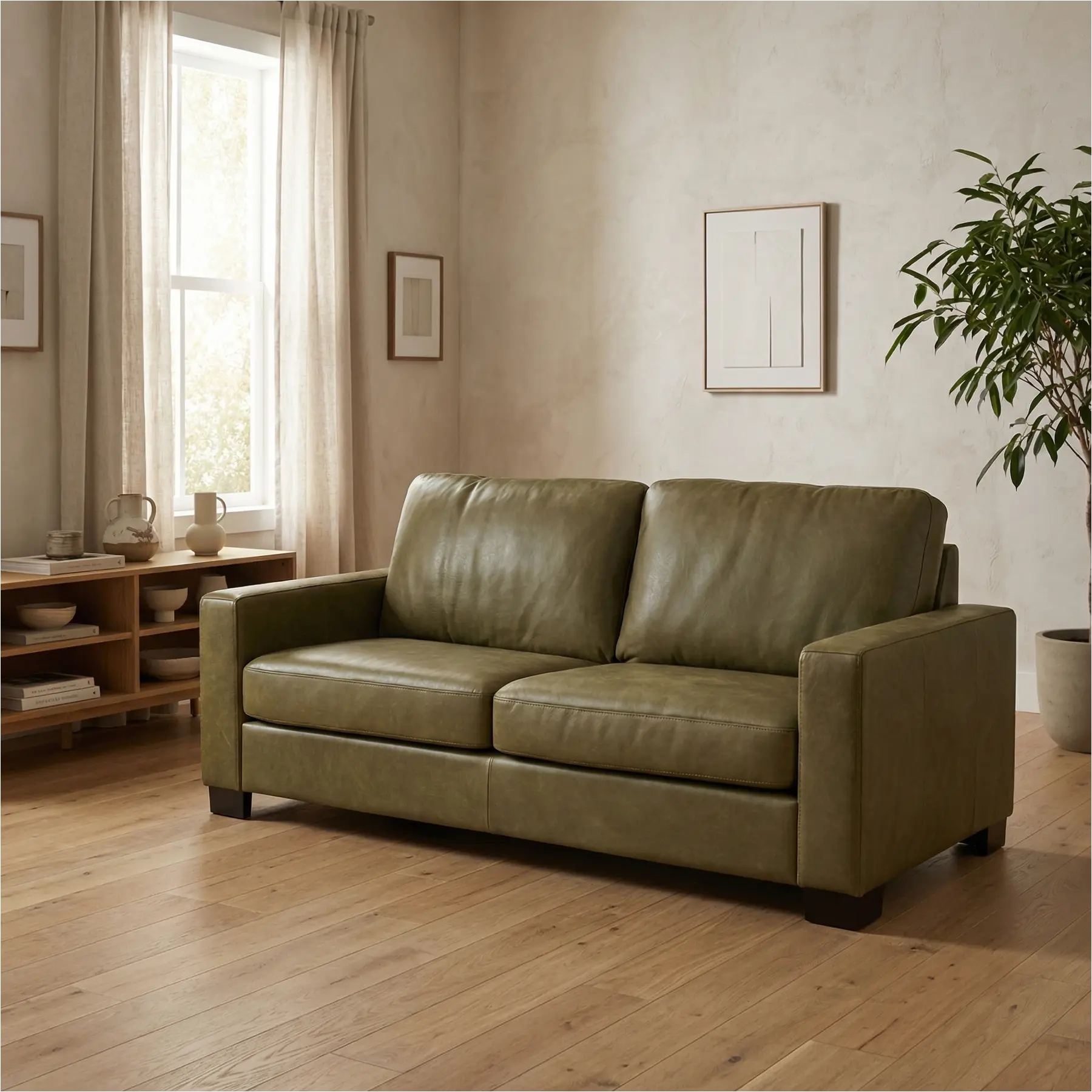 afbeelding van Leren bank Energy - 2,5 zits - Kenia Olive (olijf) - Poten hout bruin