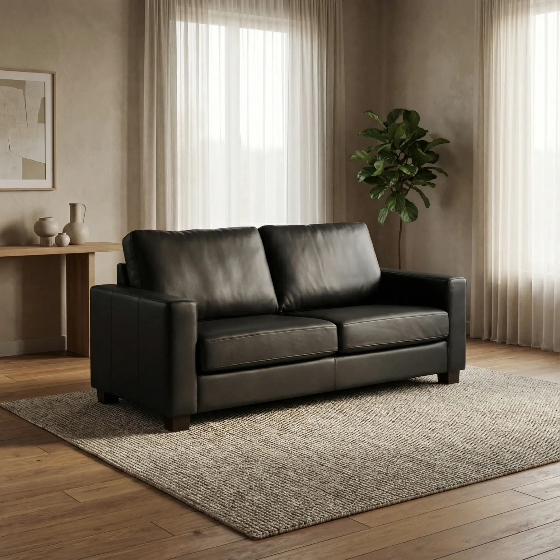 afbeelding van Leren bank Energy - 2,5 zits - Toledo Nero (zwart) - Poten hout bruin