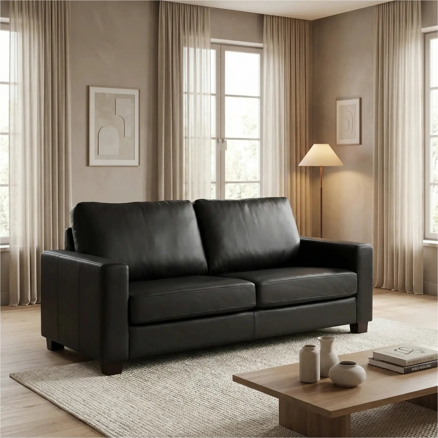 afbeelding van Leren bank Energy - 2,5 zits - Toledo Nero (zwart) - Poten hout zwart