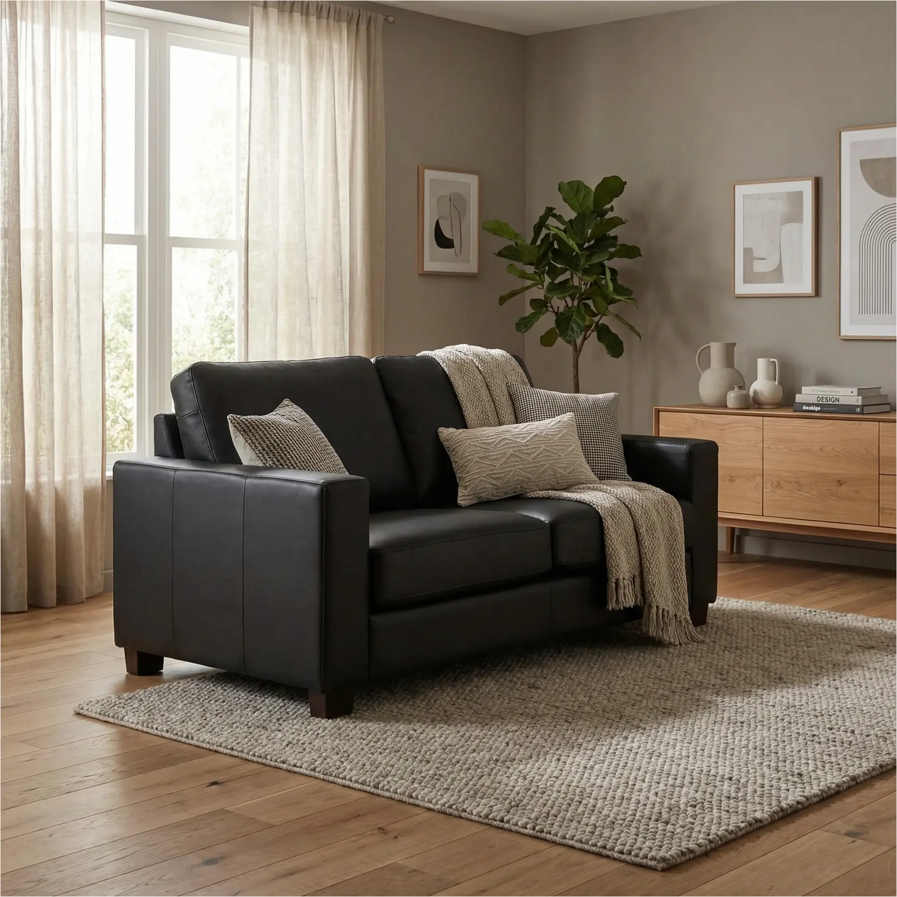 afbeelding van Leren bank Energy - 2 zits - Hermes Nero (zwart) - Poten hout bruin