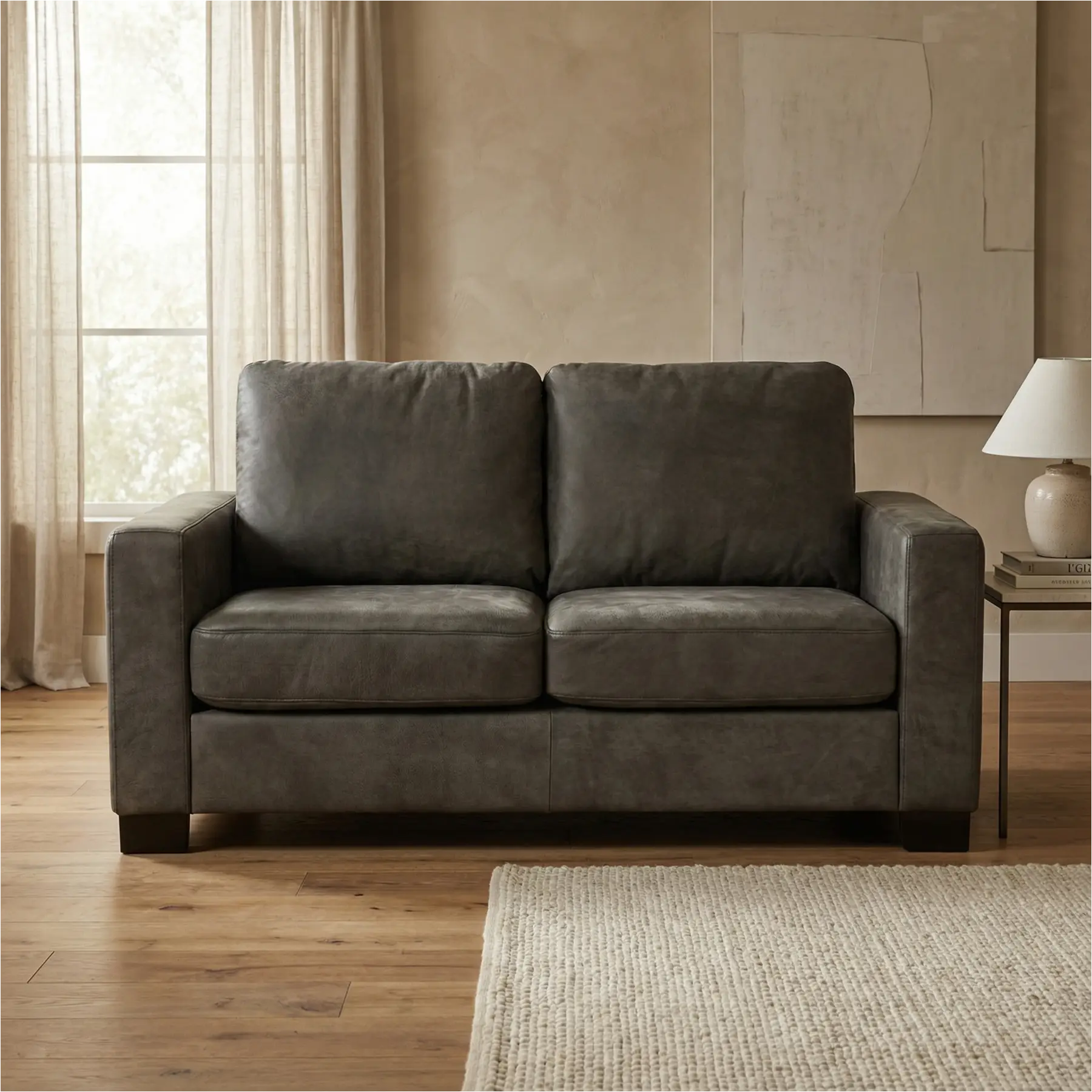 afbeelding van Leren bank Energy - 2 zits - Kenia Antracite (grijs) - Poten hout bruin