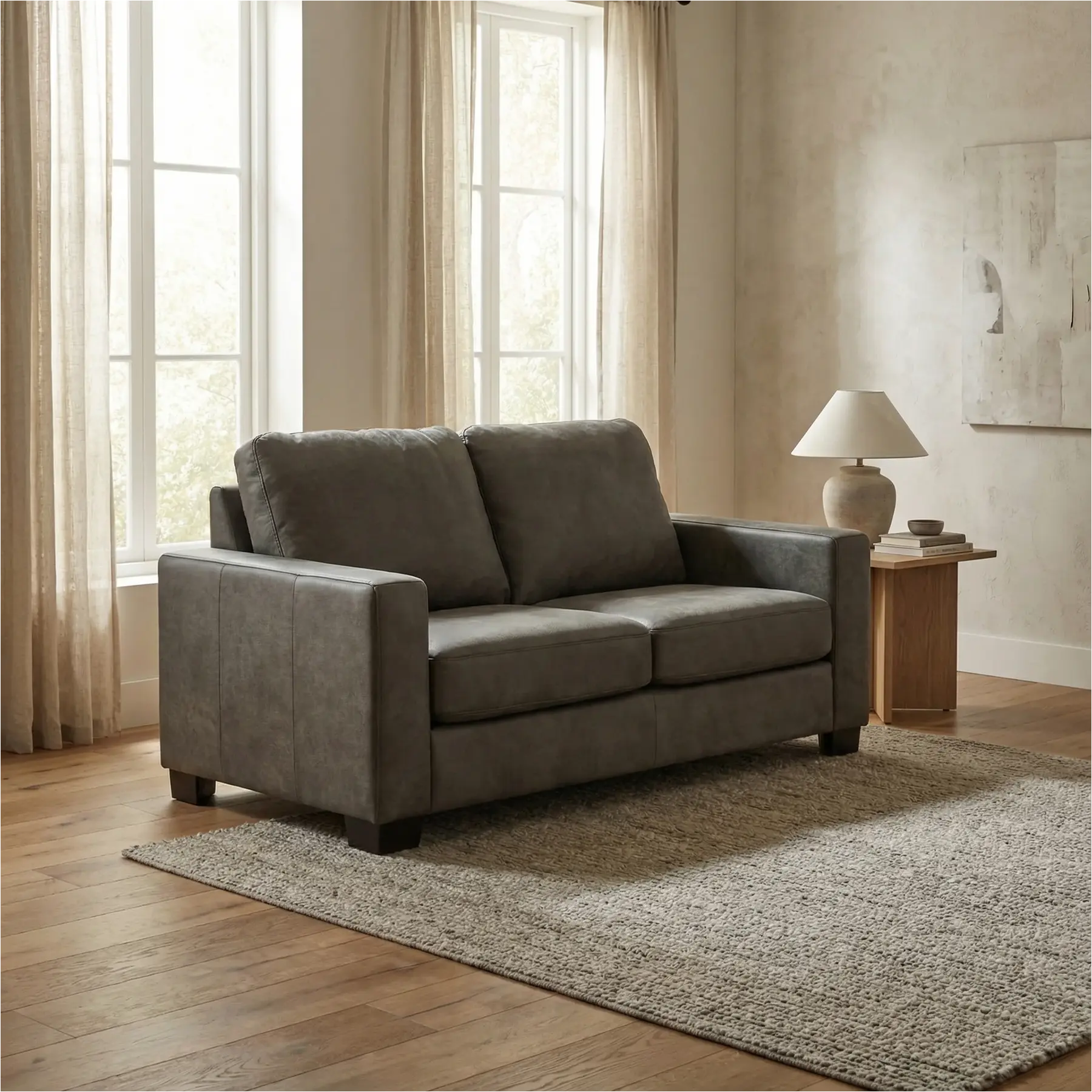 afbeelding van Leren bank Energy - 2 zits - Kenia Antracite (grijs) - Poten hout zwart