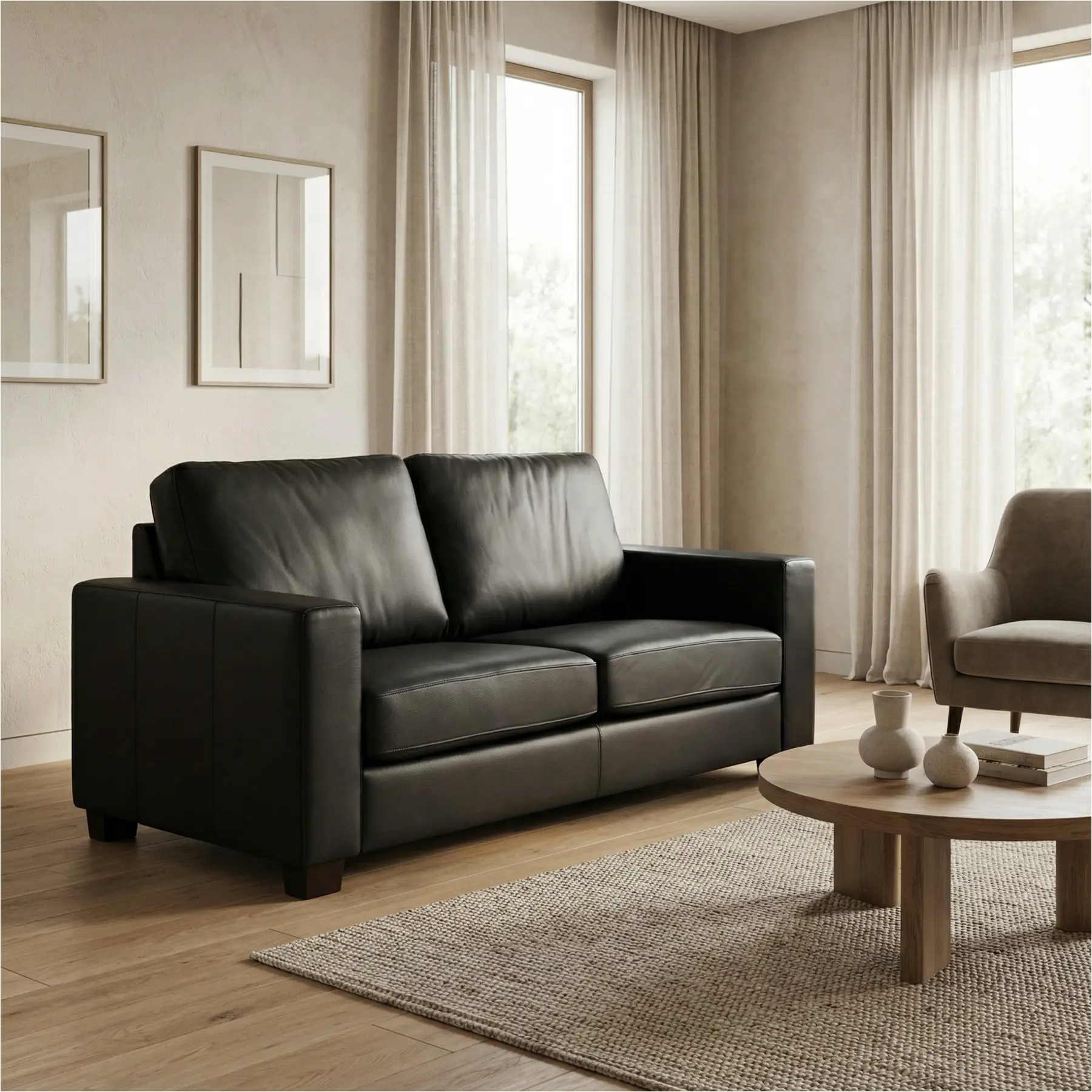 afbeelding van Leren bank Energy - 2 zits - Toledo Nero (zwart) - Poten hout bruin