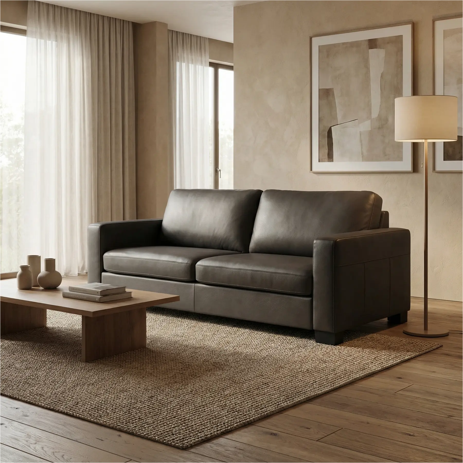 afbeelding van Leren bank Energy - 3 zits - Elegance Antracite (donkergrijs) - Poten hout zwart