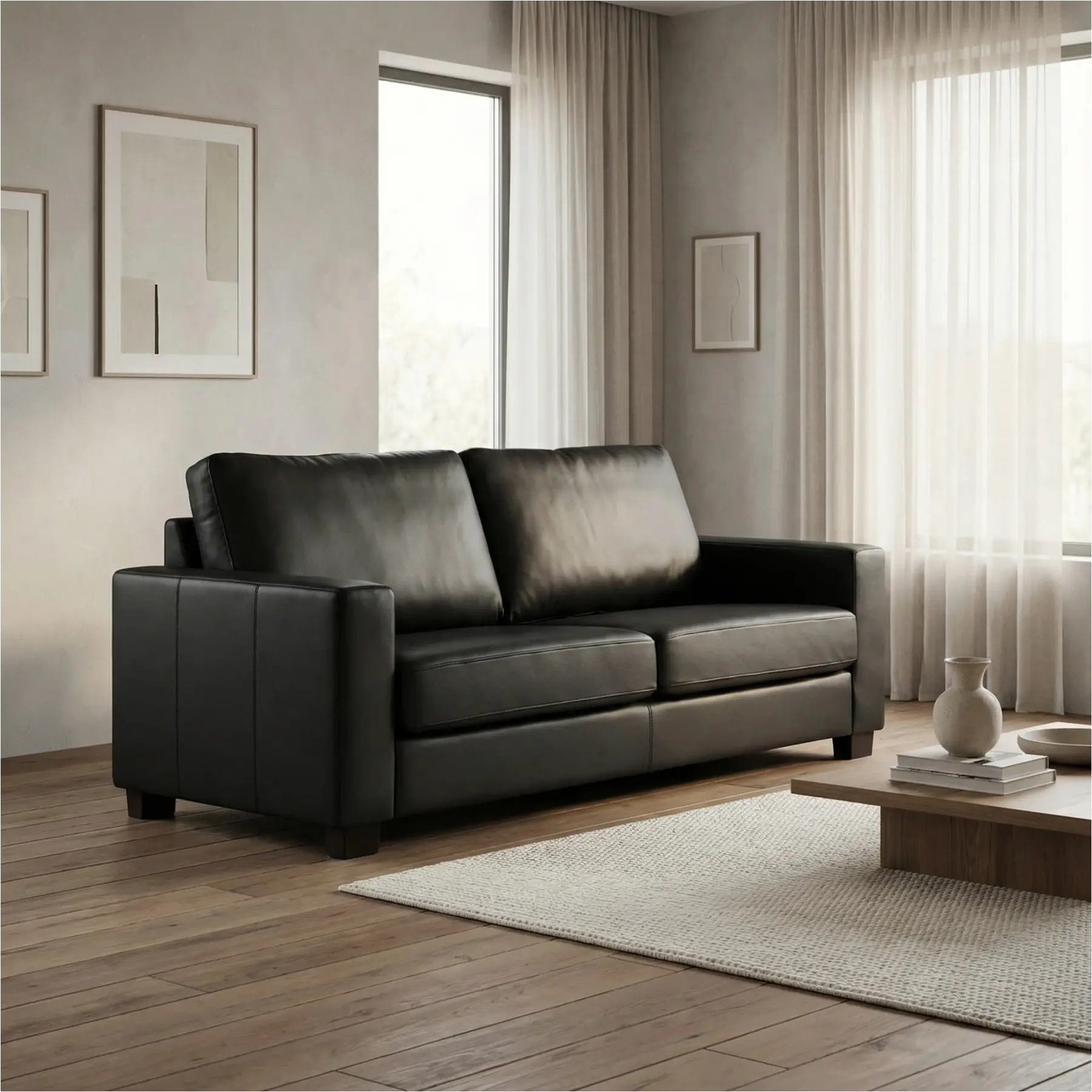 afbeelding van Leren bank Energy - 3 zits - Hermes Nero (zwart) - Poten hout bruin