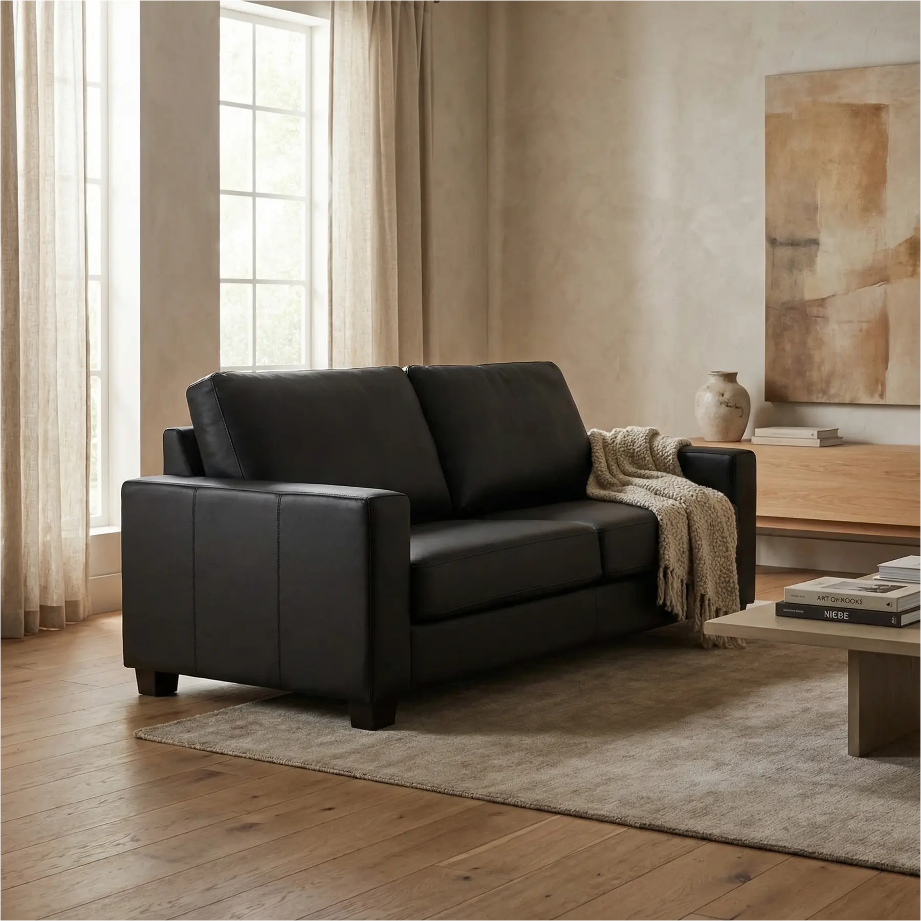 afbeelding van Leren bank Energy - 3 zits - Toledo Nero (zwart) - Poten hout bruin