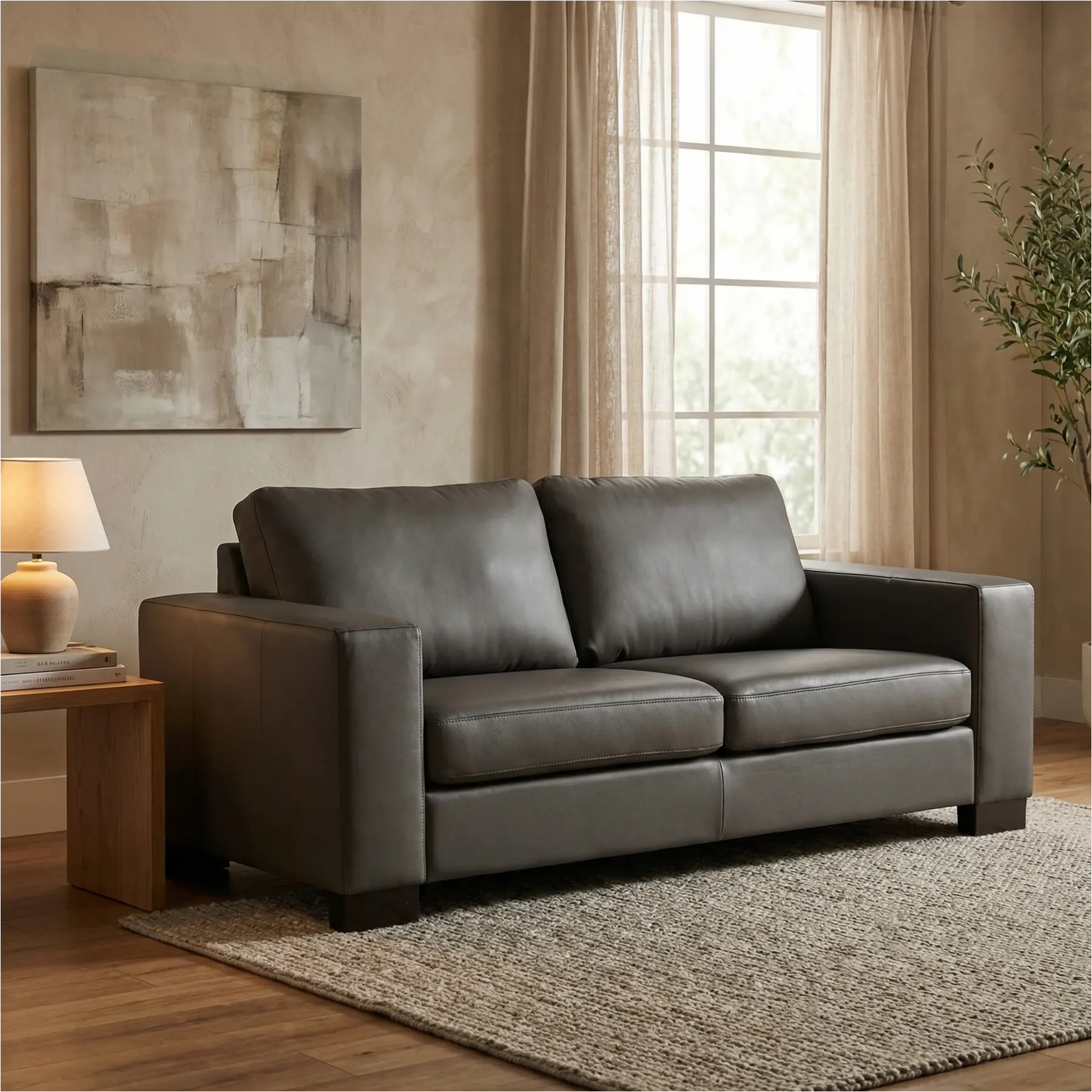 afbeelding van Leren bank Enjoy - 2,5 zits - Hermes Antracite (donkergrijs) - Poten hout zwart