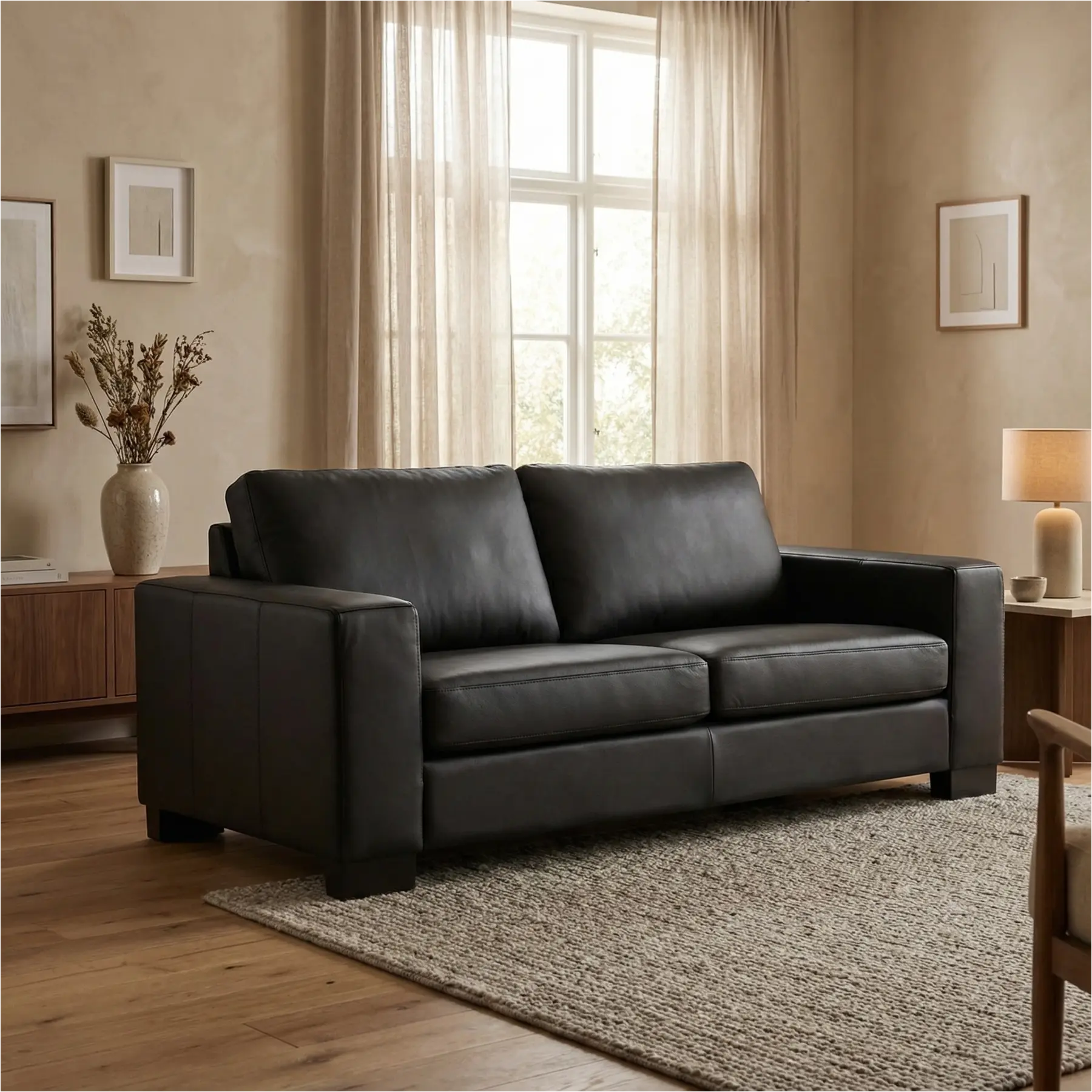 afbeelding van Leren bank Enjoy - 2,5 zits - Hermes Nero (zwart) - Poten hout zwart