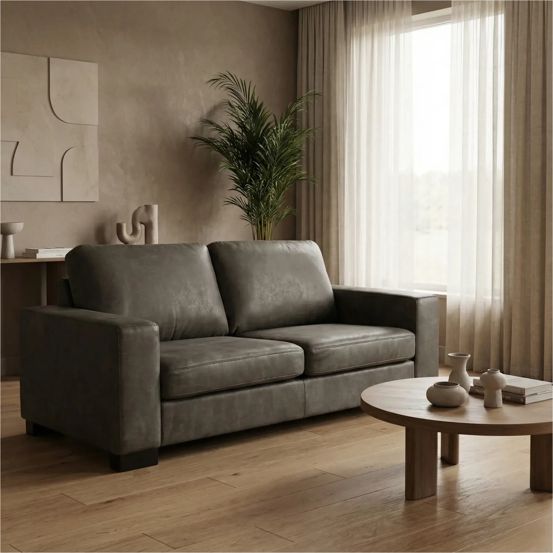 afbeelding van Leren bank Enjoy - 2,5 zits - Kenia Antracite (grijs) - Poten hout zwart