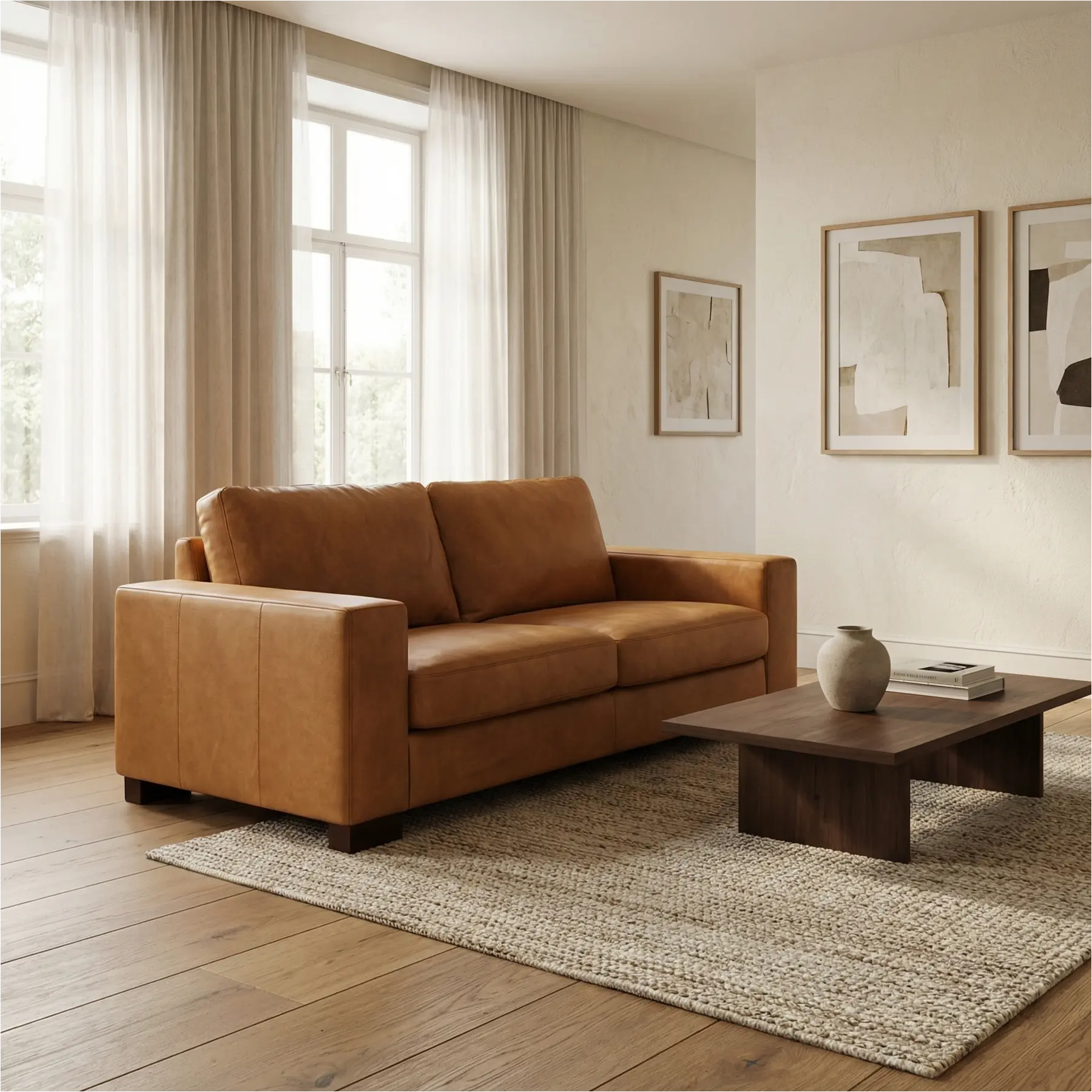 afbeelding van Leren bank Enjoy - 2,5 zits - Kenia Cognac (cognac) - Poten hout bruin