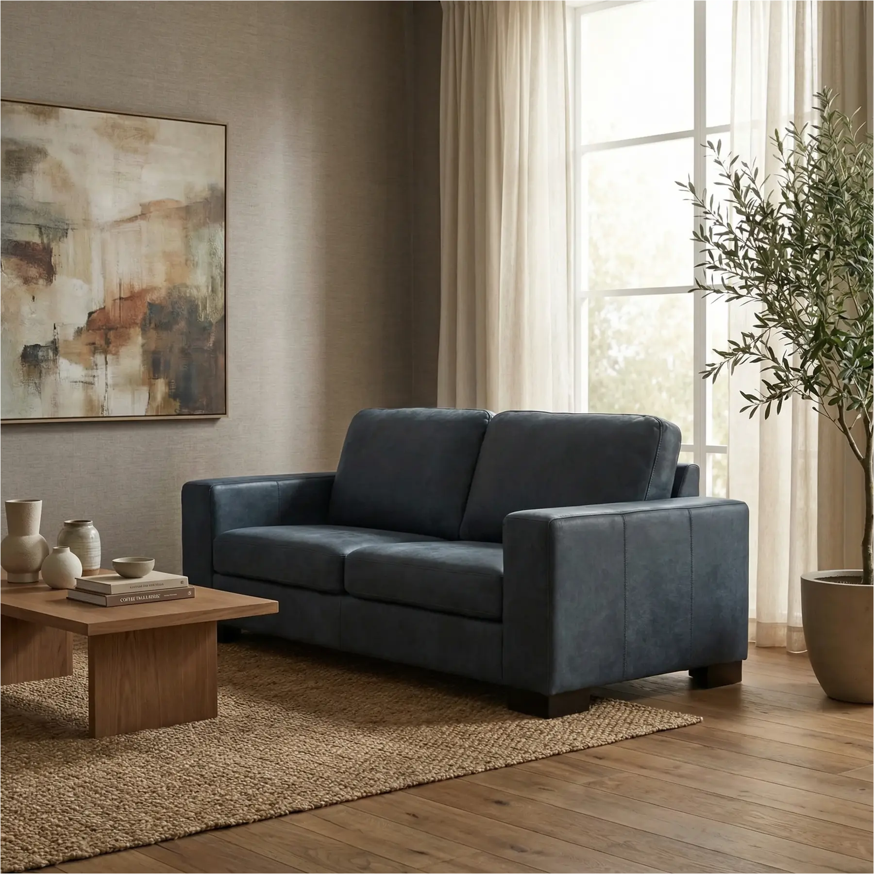 afbeelding van Leren bank Enjoy - 2,5 zits - Kenia Denim (blauw) - Poten hout bruin