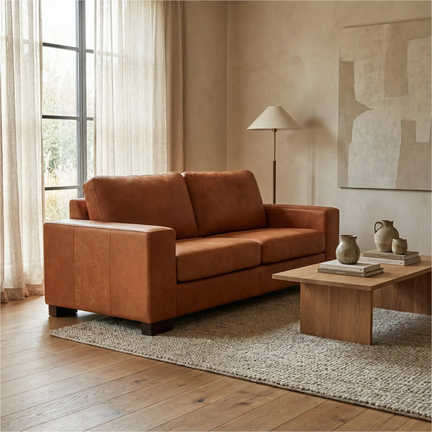 afbeelding van Leren bank Enjoy - 2,5 zits - Kenia Rost (oranje) - Poten hout zwart